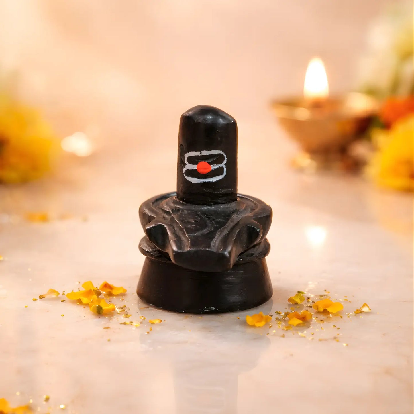 Black stone lingam with red dot on a light background
