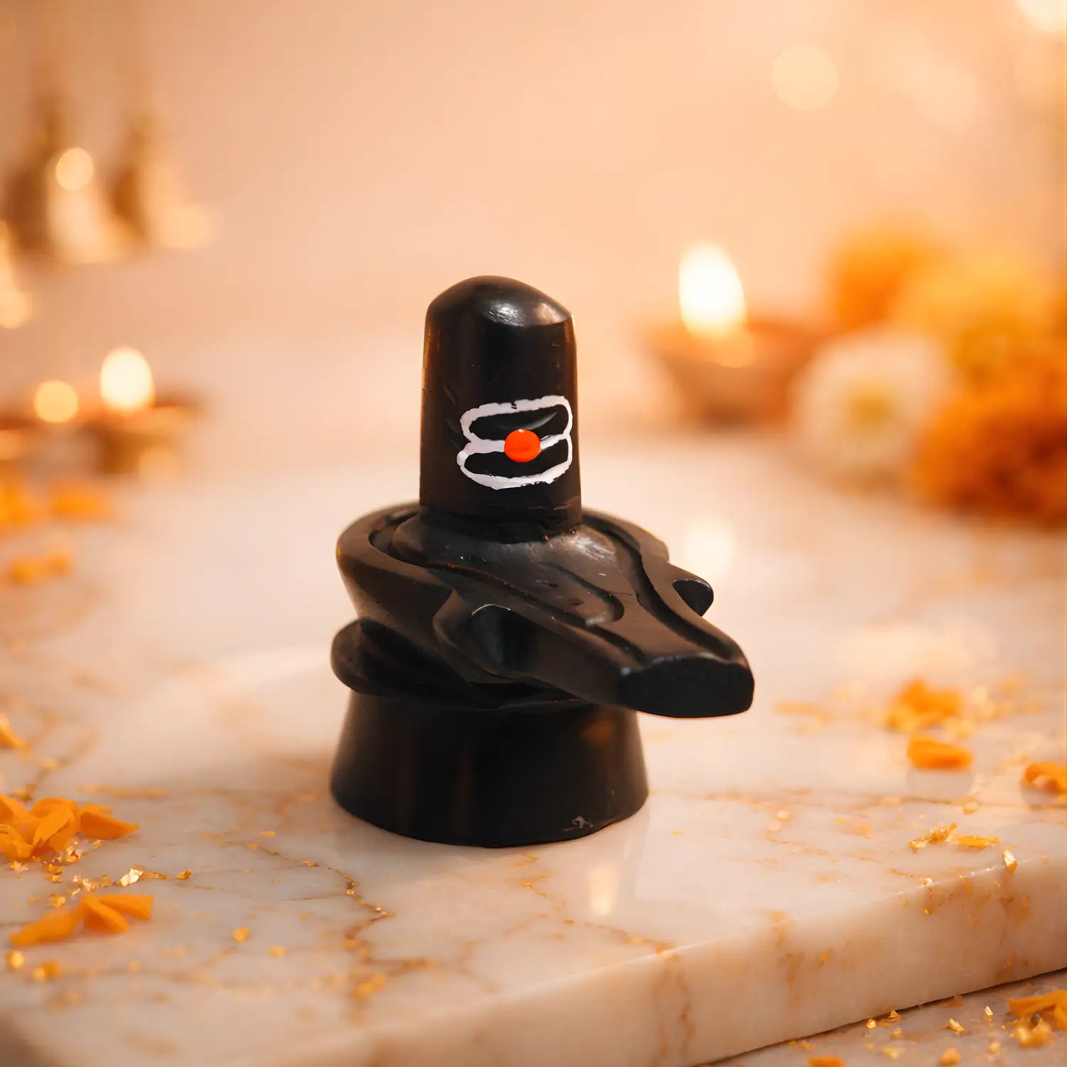 Black Shiva Lingam on a marble surface with candles and flowers in the background