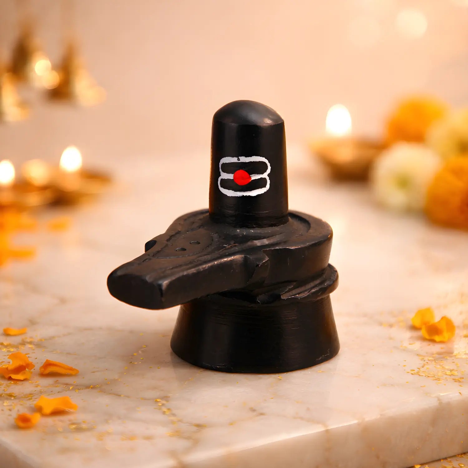 Black Shiva lingam statue with red dot on a marble surface with decorative elements.