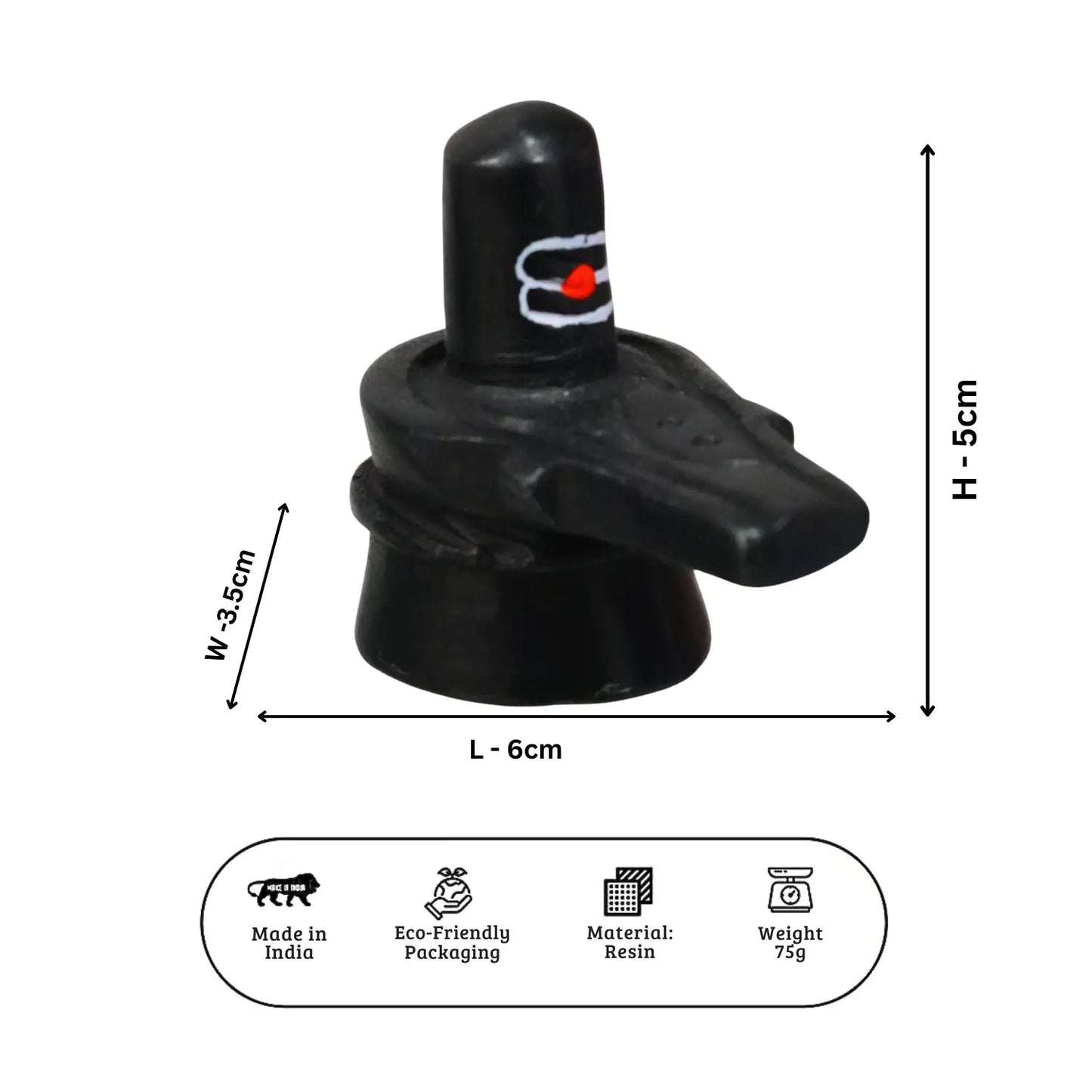 Black resin object with dimensions and product details on a white background