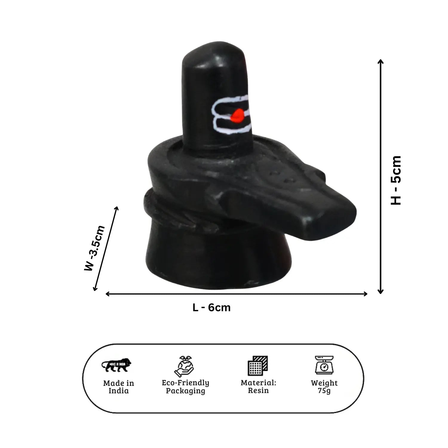 Black resin object with dimensions and product details on a white background