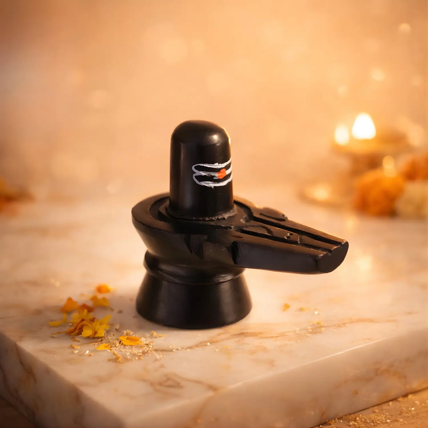 Black stone idol on a marble surface with a warm glow