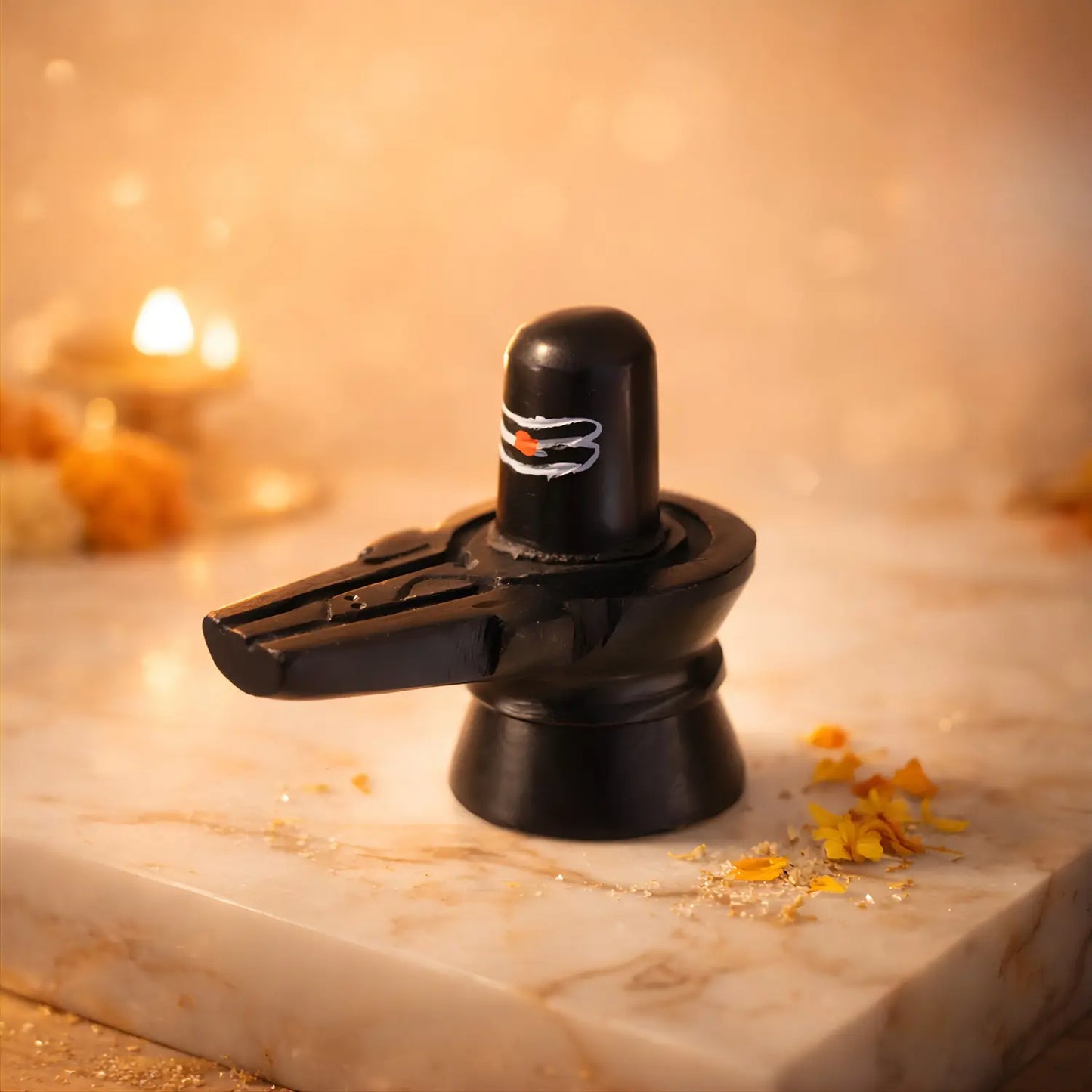 Black stone lingam on a marble surface with blurred candlelight in the background
