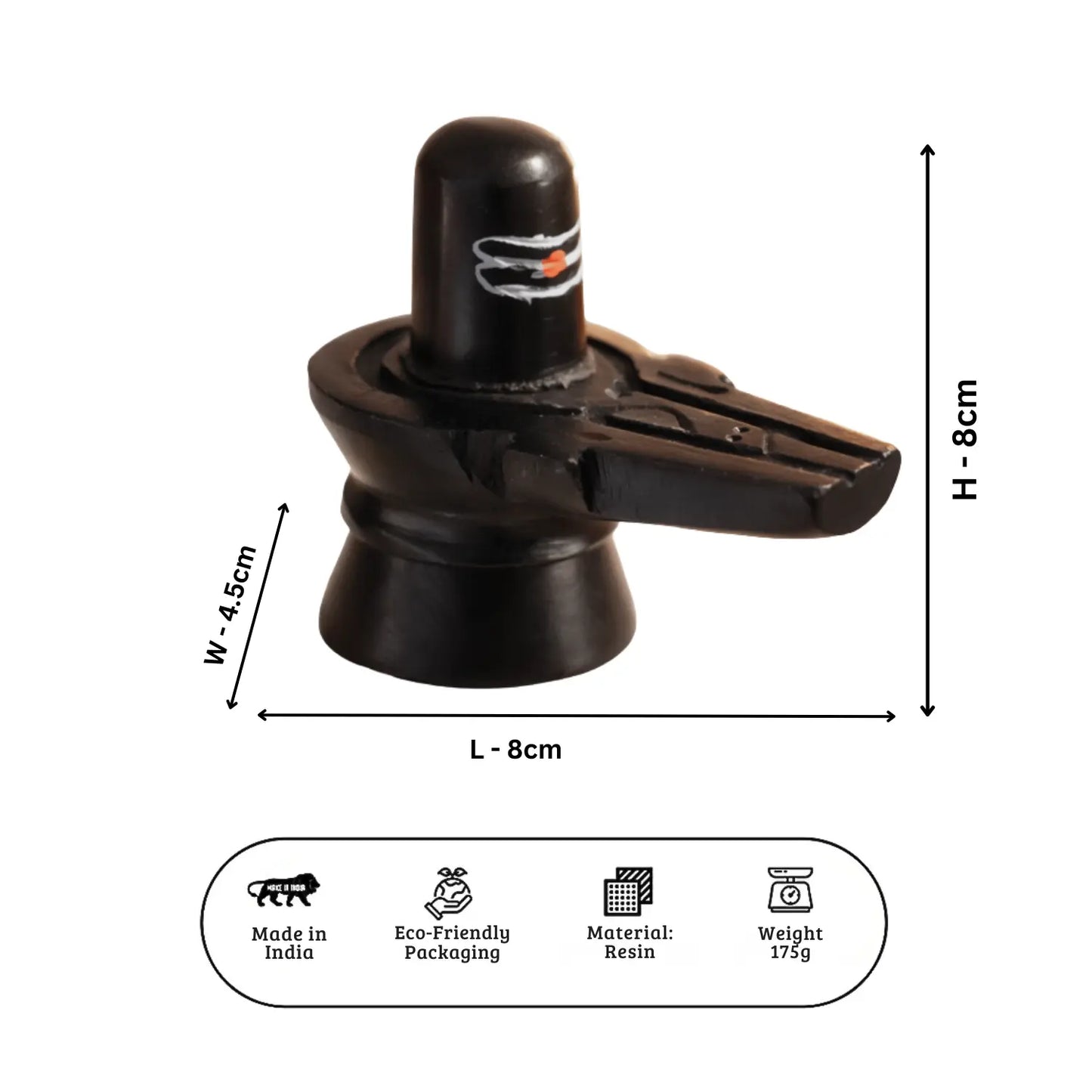 Black Shiva Lingam with dimensions and product details on a white background