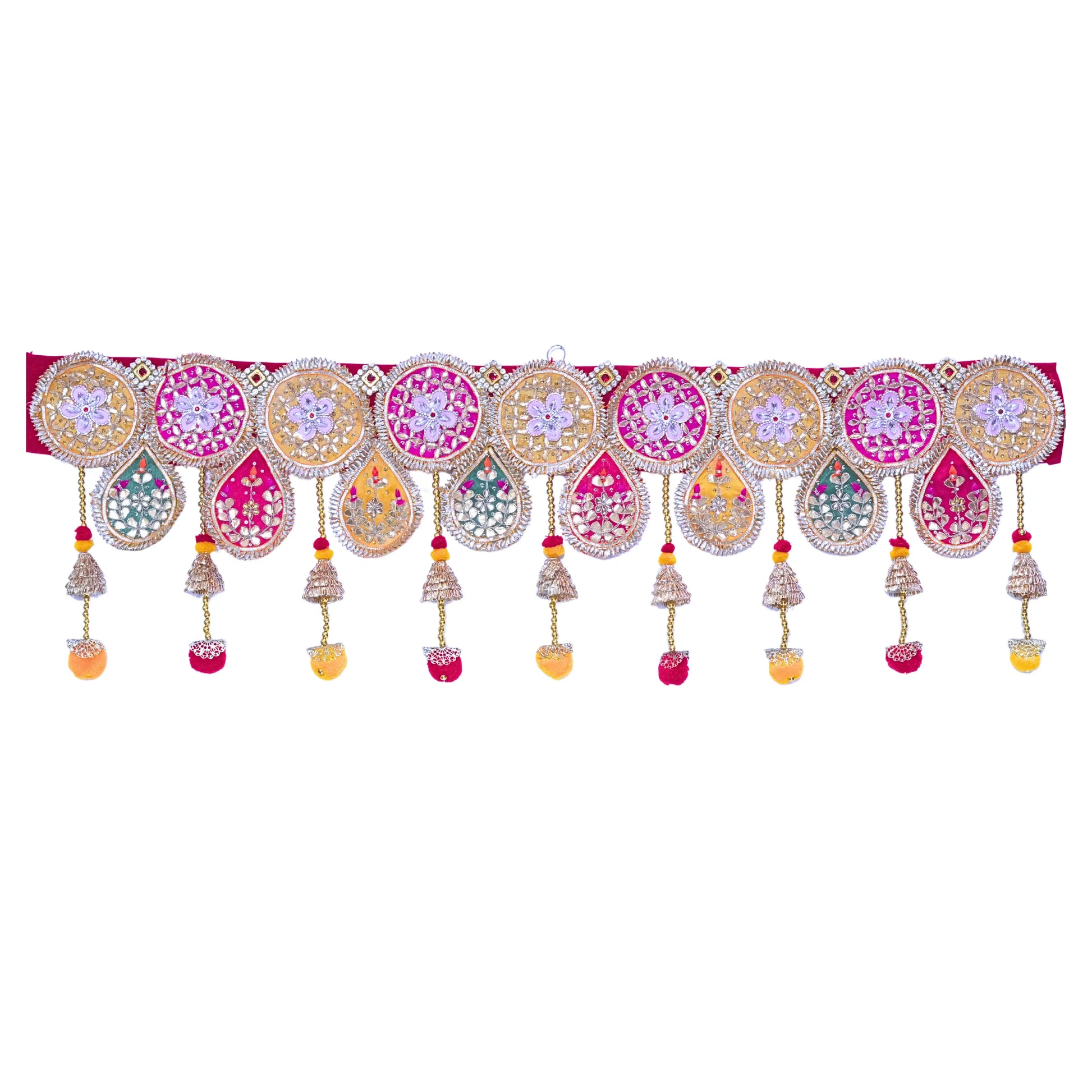 Decorative toran with colorful patterns and hanging elements on a white background