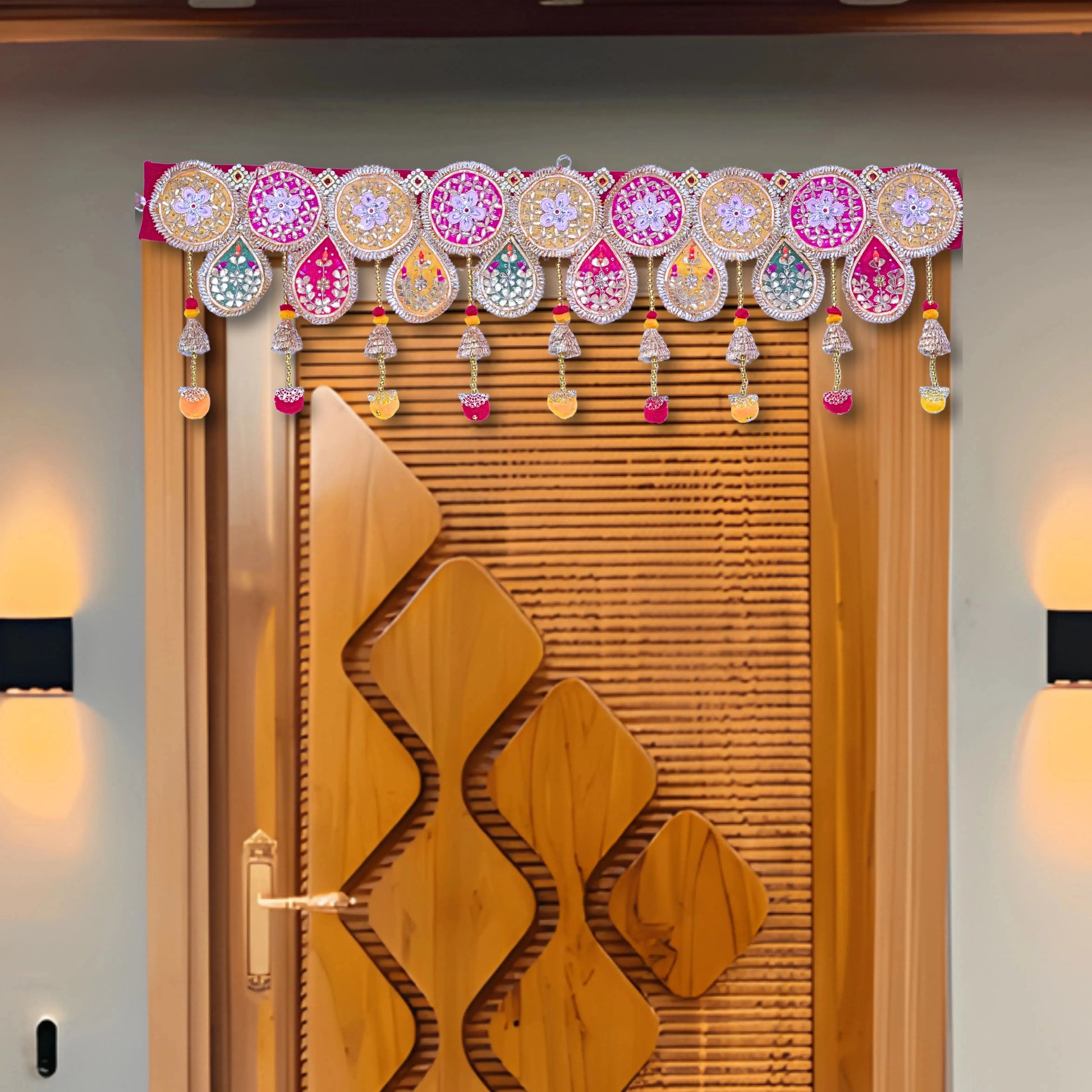 Decorative door with a colorful hanging curtain on a neutral wall.