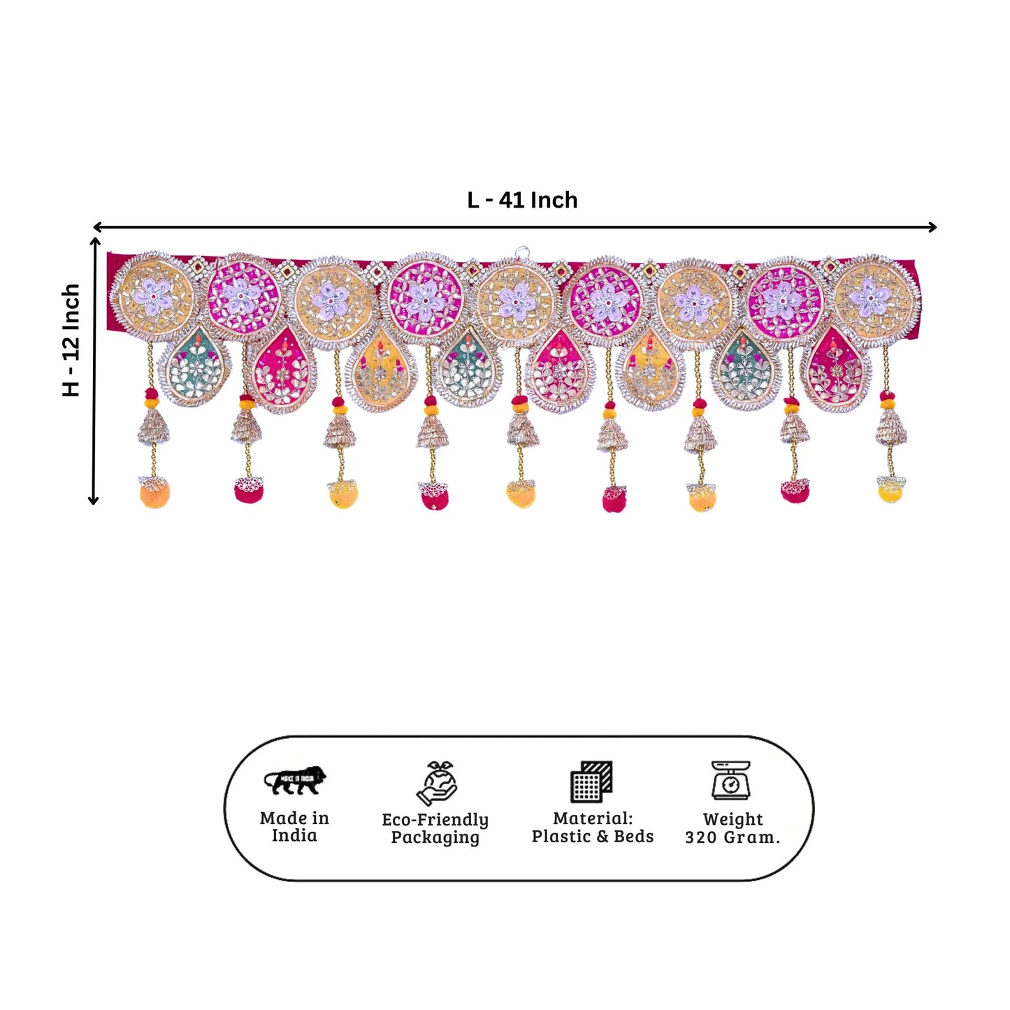 Decorative border with measurements and product details on a white background