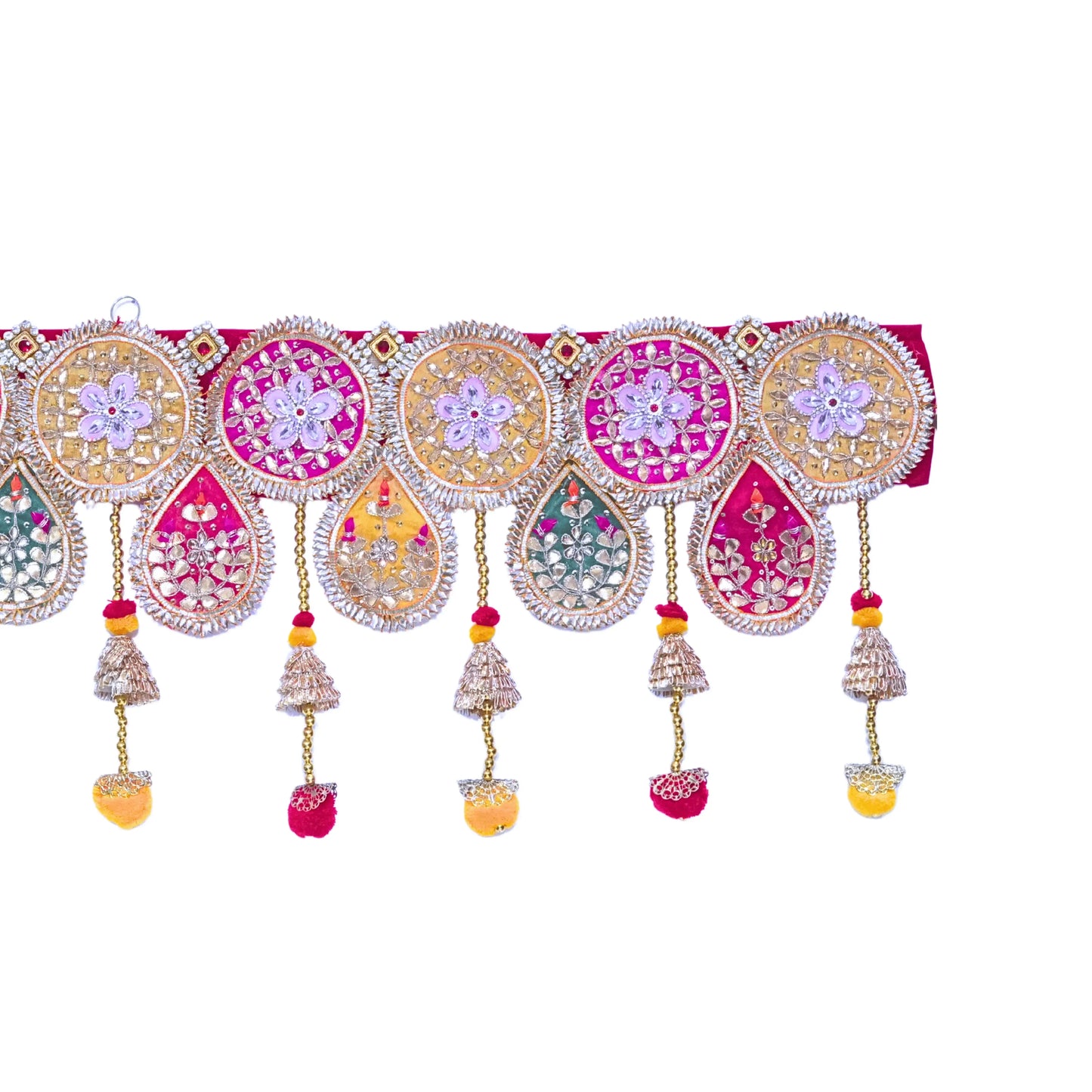 Decorative belt with floral patterns and hanging elements on a white background