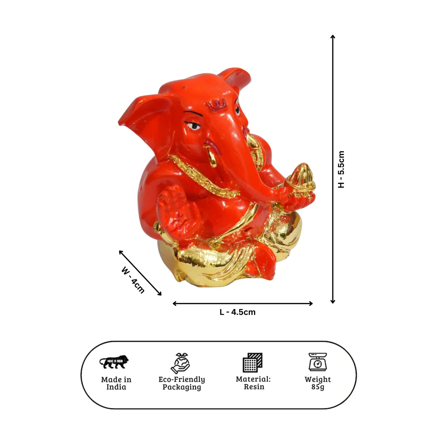 Red and gold Ganesha statue with dimensions and product details on a white background