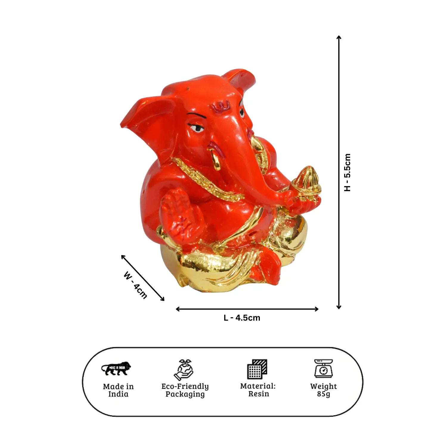 Red and gold Ganesha statue with dimensions and product details on a white background