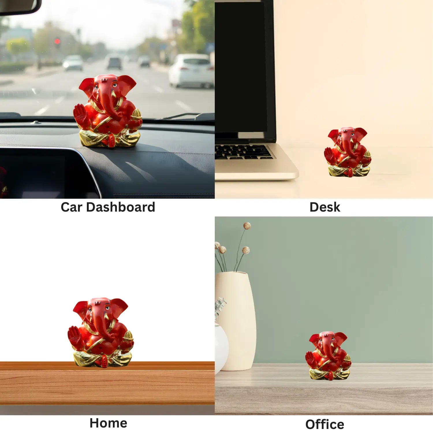 Red and gold Ganesh statue displayed on a car dashboard, desk, home setting, and office setting.