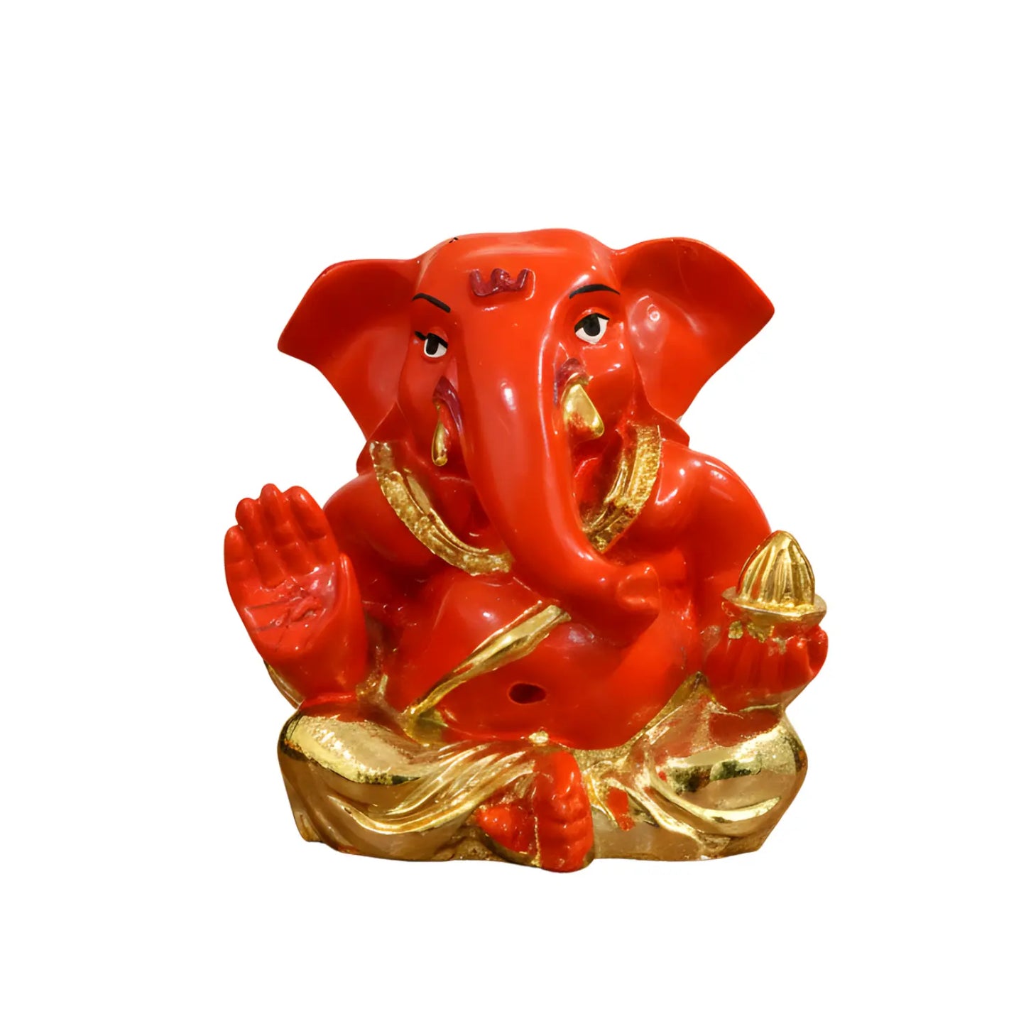 Red and gold statue of a seated figure on a white background