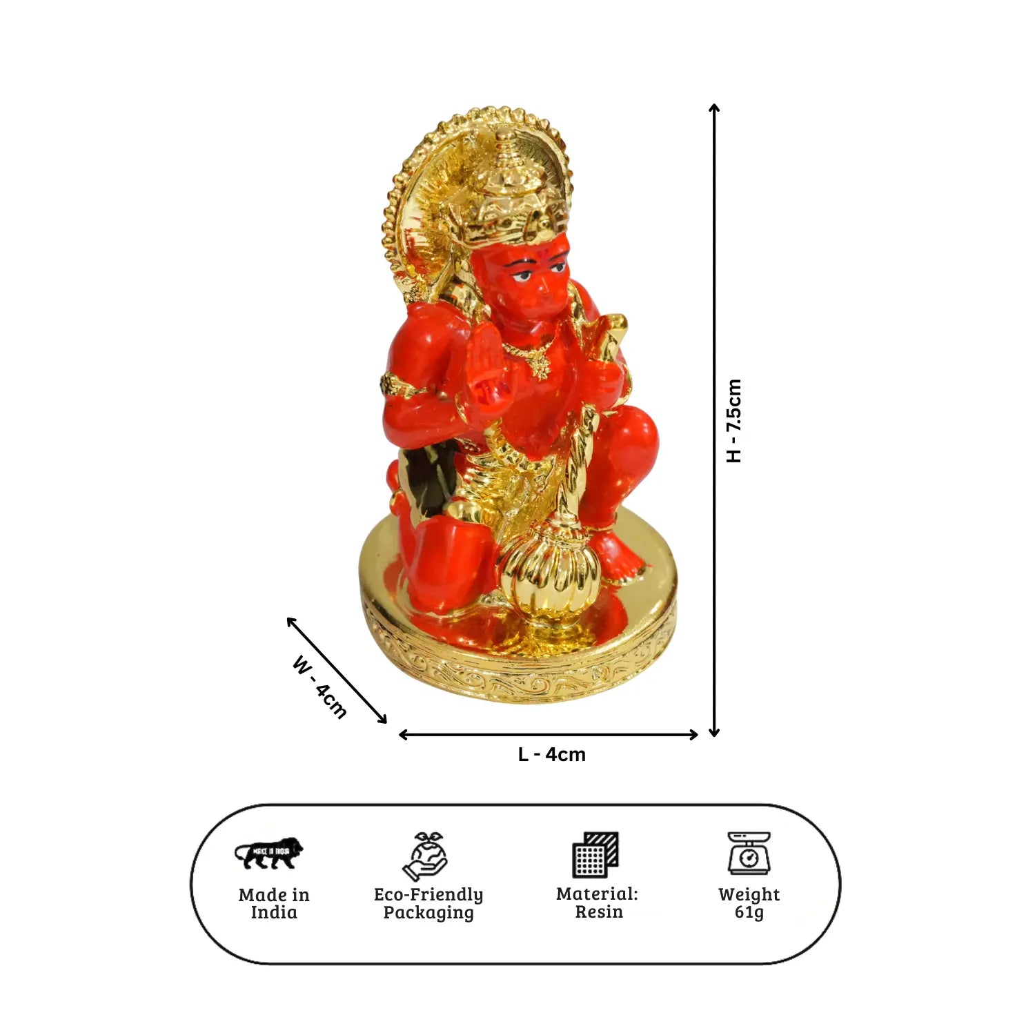 Red and gold statue with dimensions and product details on a white background