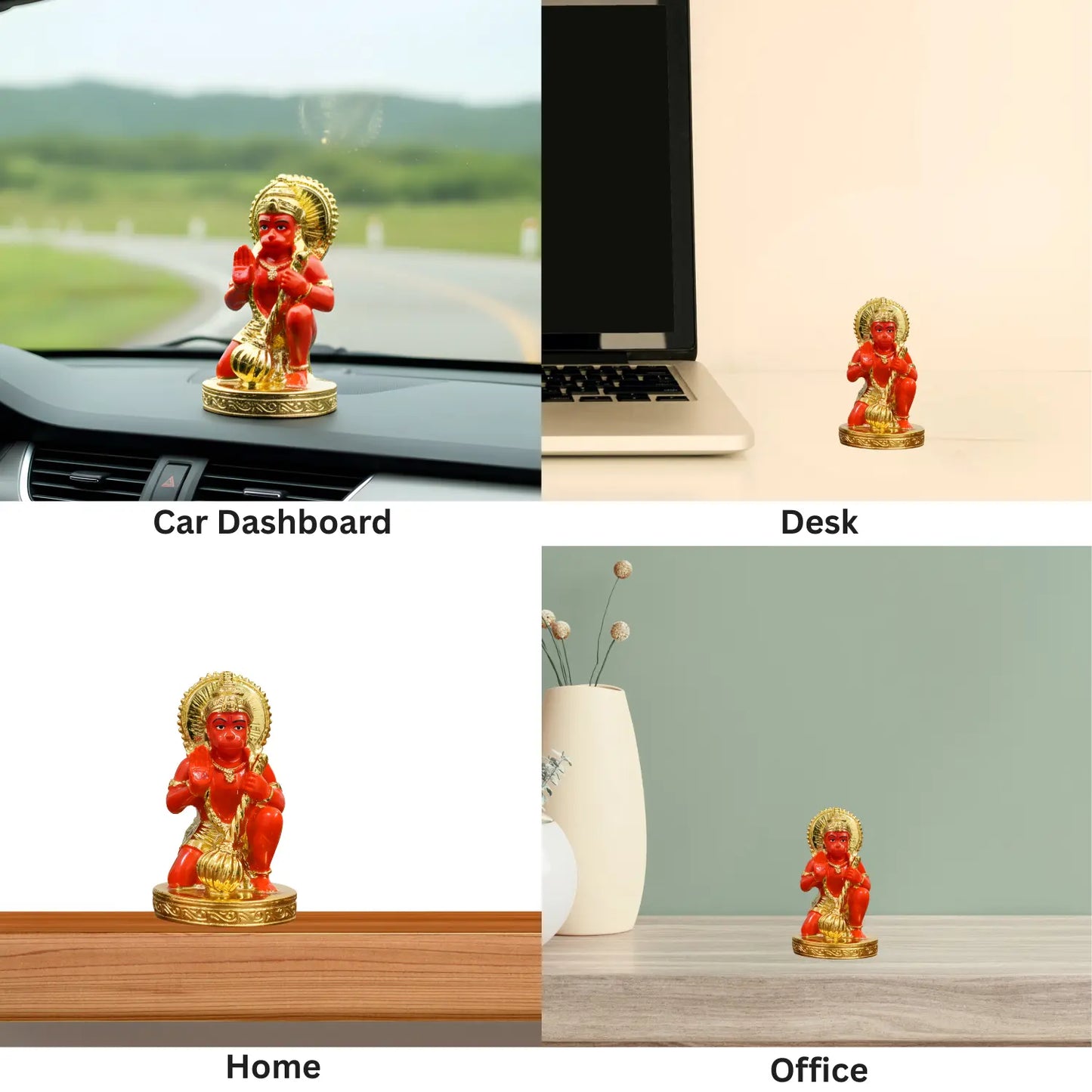 Red and gold figurine displayed on a car dashboard, laptop, desk, and table.