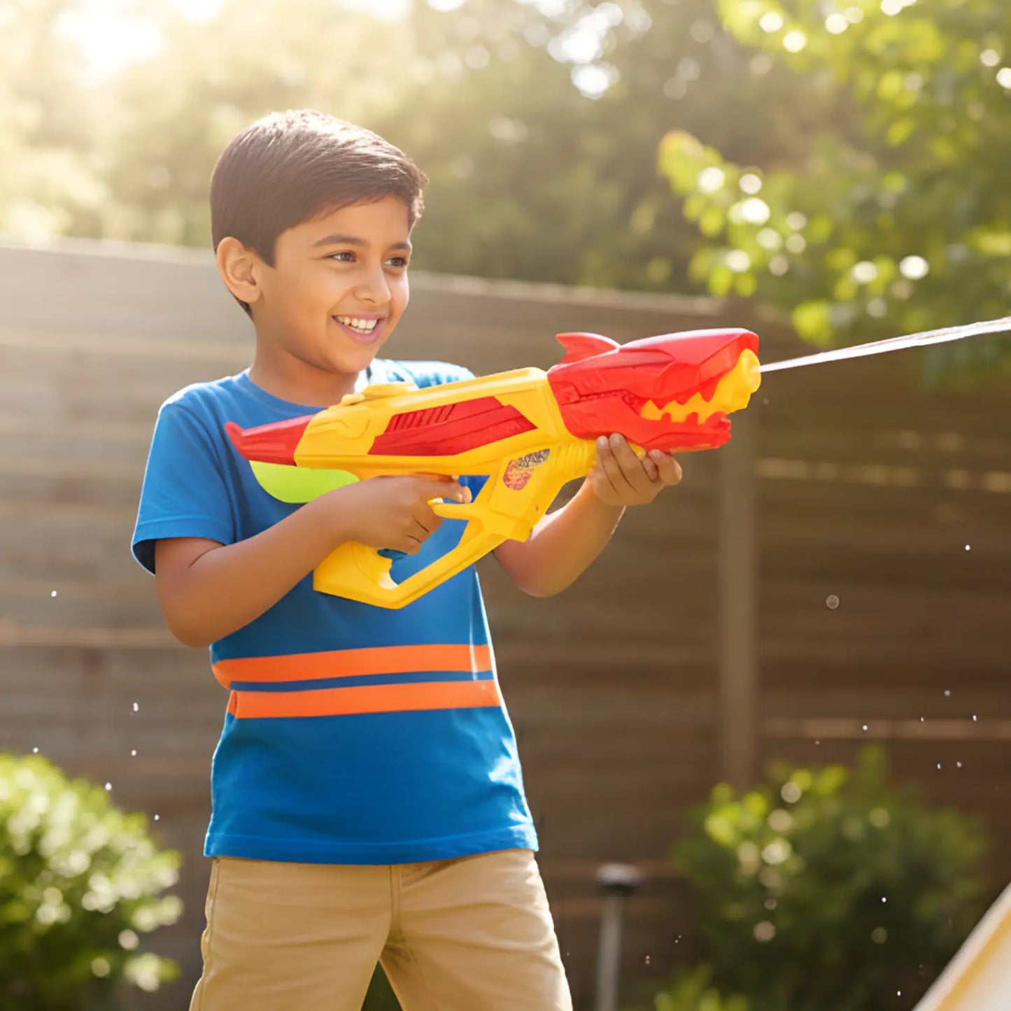 Child playing with a colorful water gun outdoors
