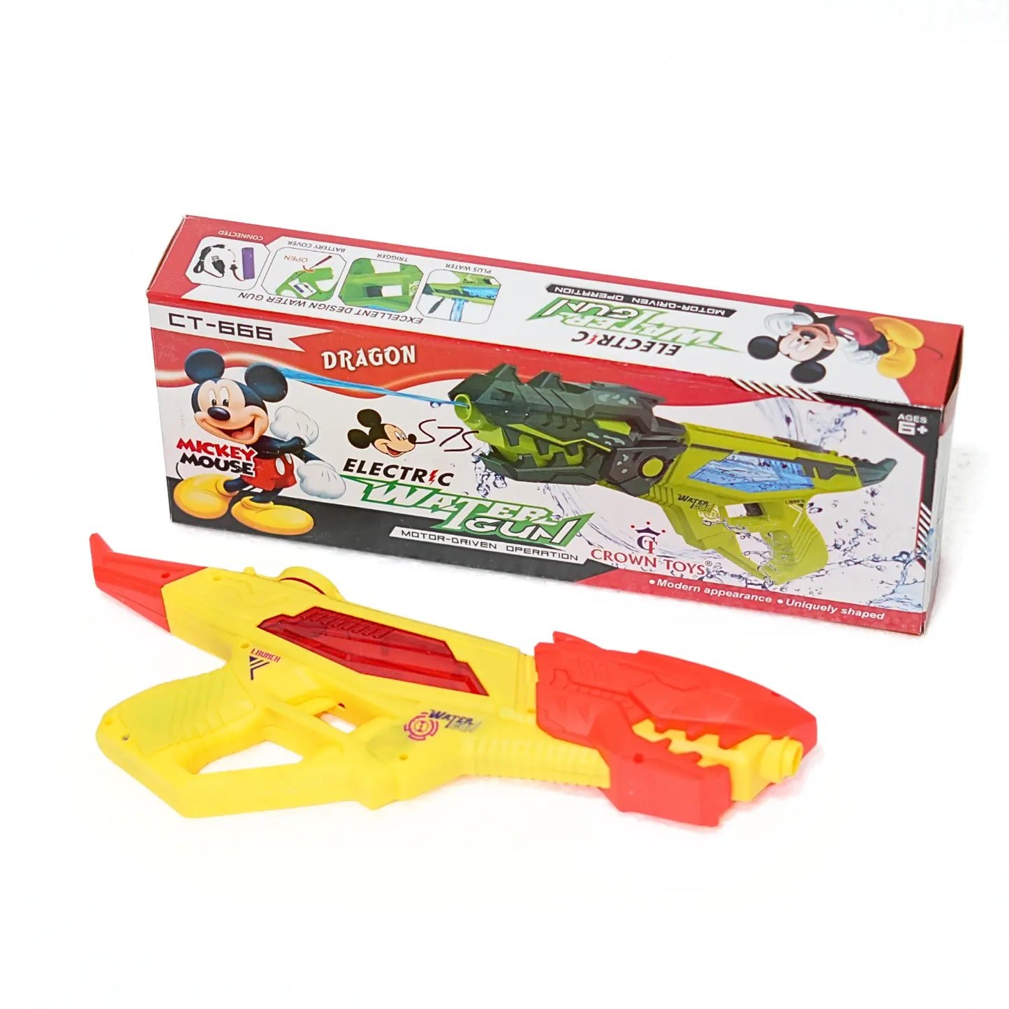 Toy whirly gun with Mickey Mouse branding and packaging on a white background