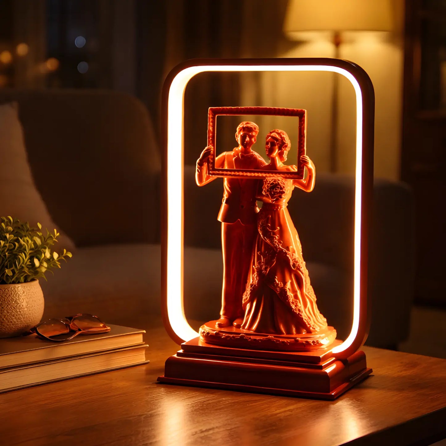 Decorative lamp with a couple holding a frame on a wooden table.