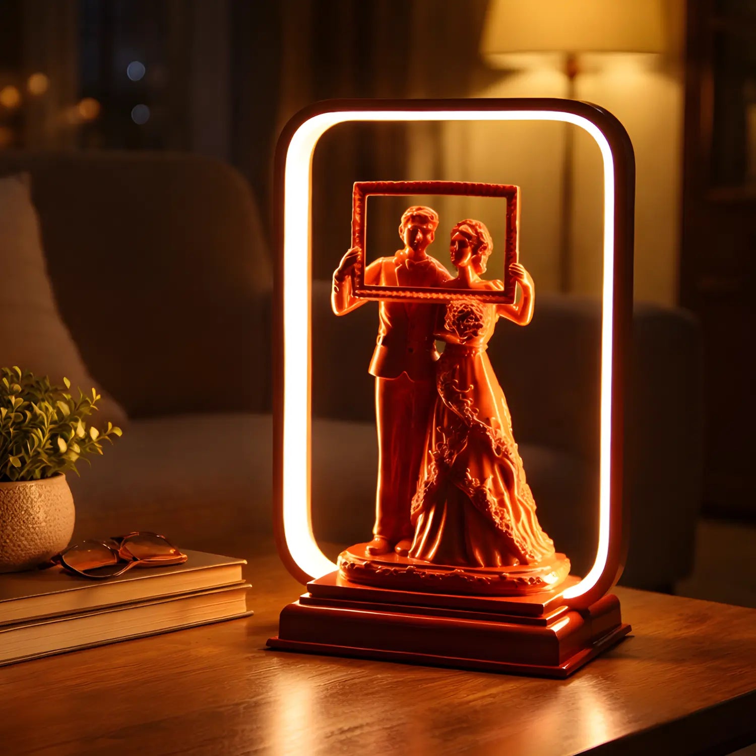 Decorative lamp with a couple holding a frame on a wooden table.