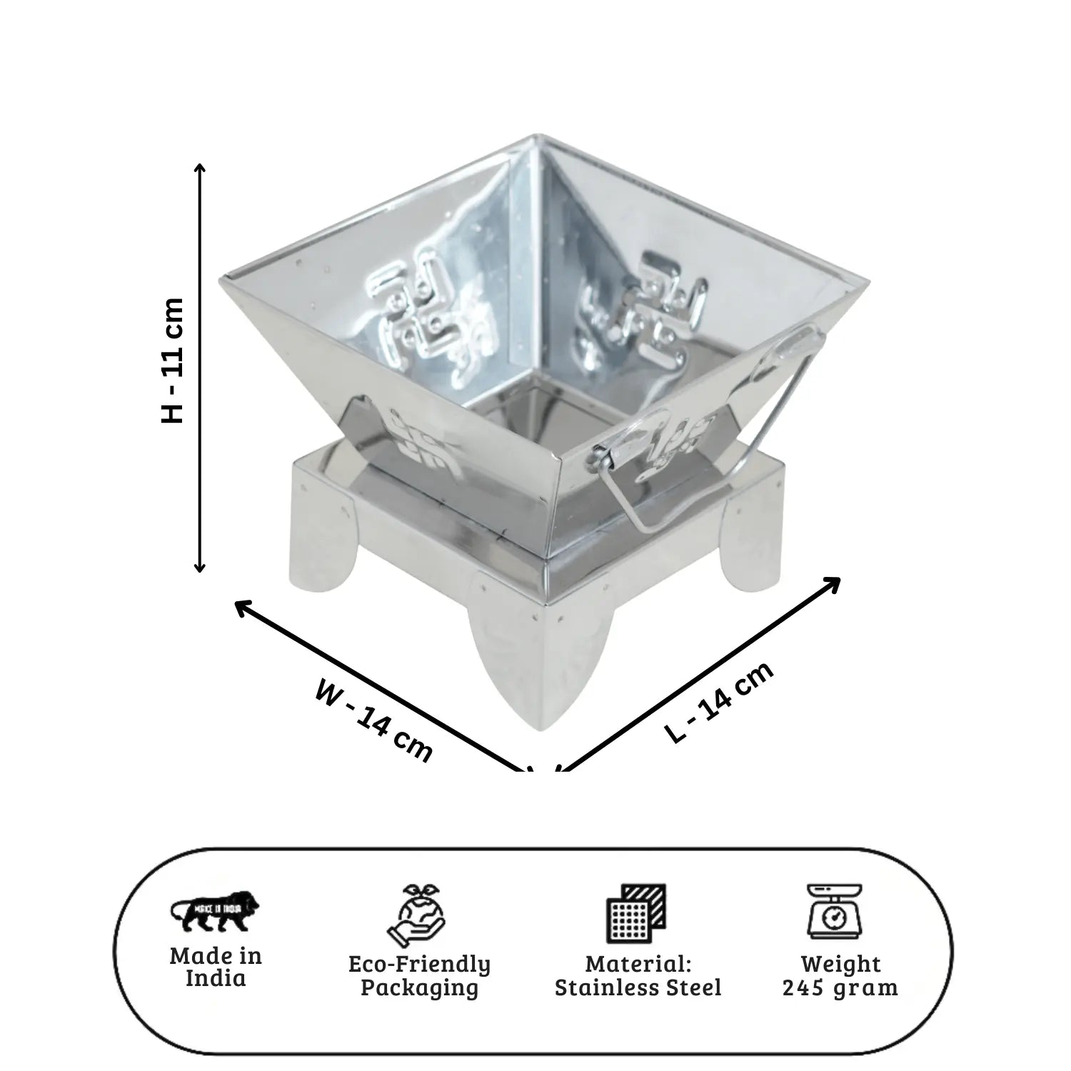 Stainless steel product with dimensions and features on a white background