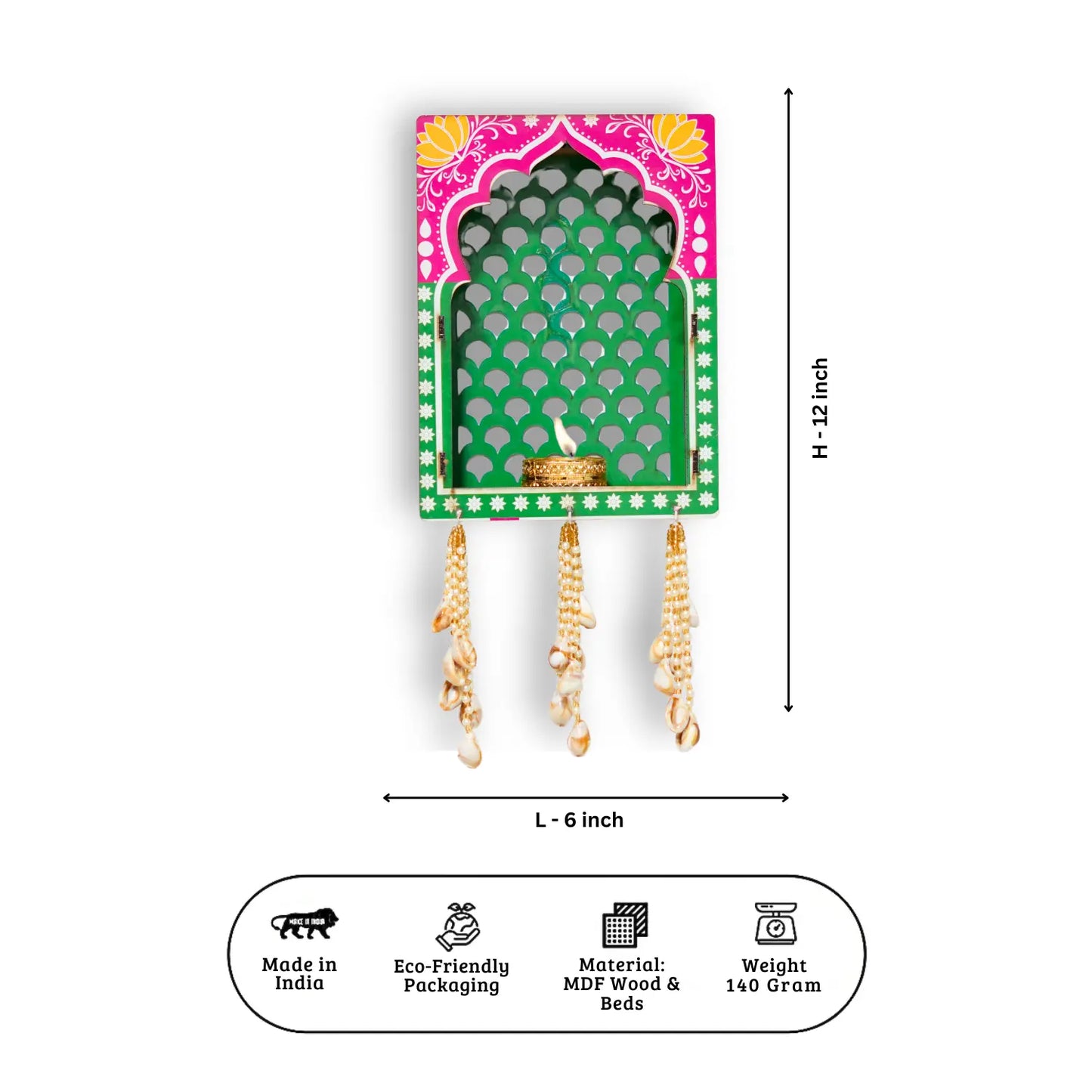 Decorative wall hanging with dimensions and material details on a white background