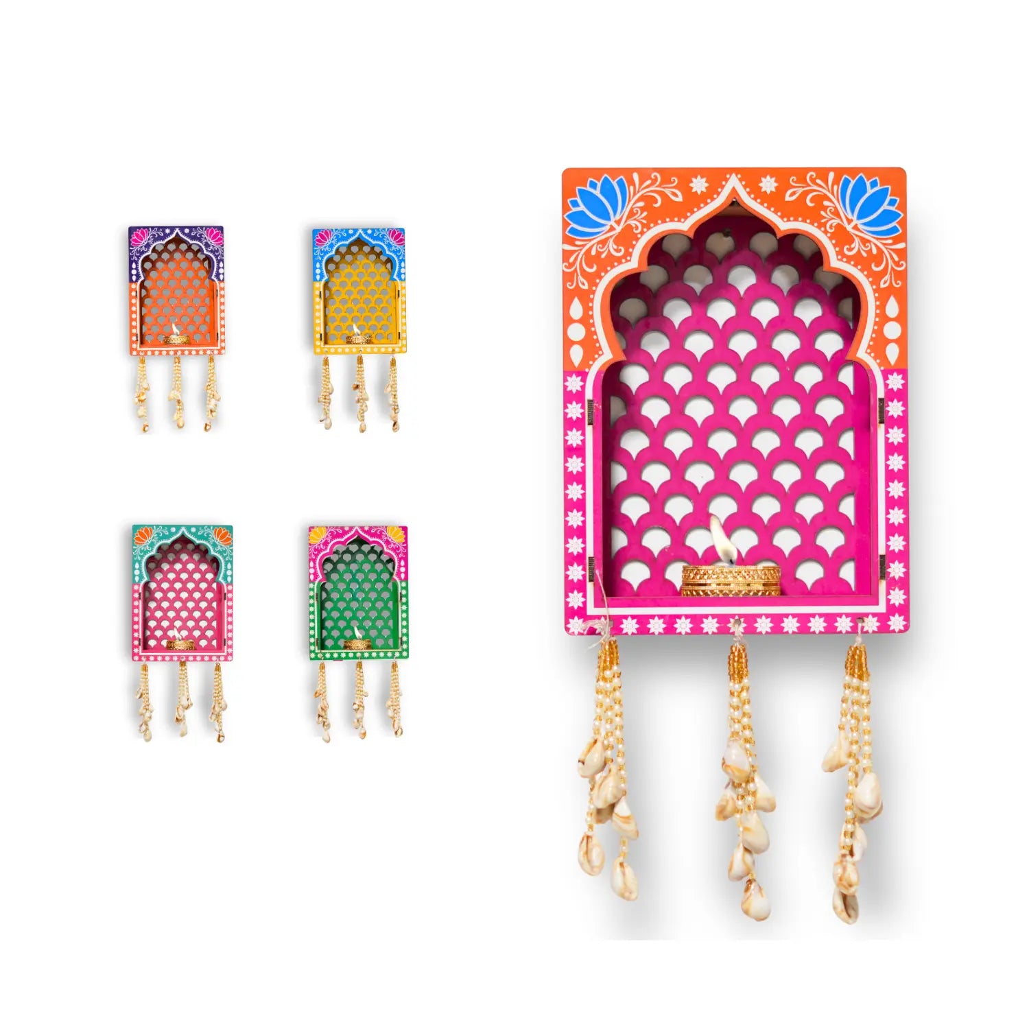 Decorative jewelry holder with colorful arch designs and hanging necklaces on a white background