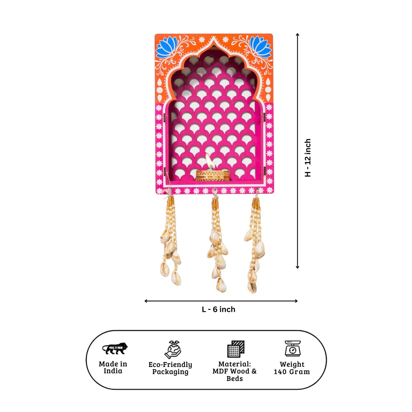 Decorative wall hanging with measurements and product details on a white background
