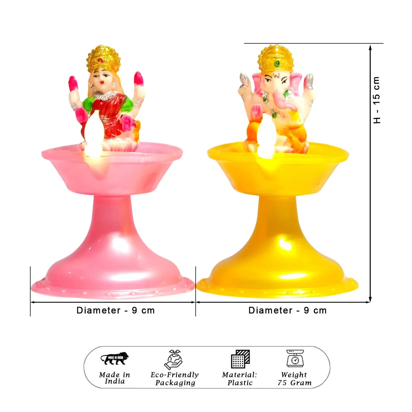 Two colorful figurines on stands with dimensions and product details on a white background. Water Sensor Laxmi ganesh Diya.