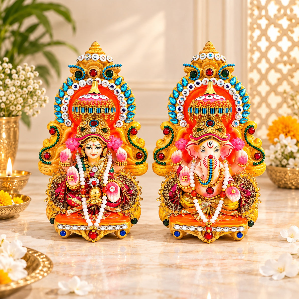 Decorative Terracotta Clay Lakshmi Ganesh Idol Set – 6 Inch Handcrafted Eco-Friendly Diwali Murti for Pooja & Home Decor by Upharkaro