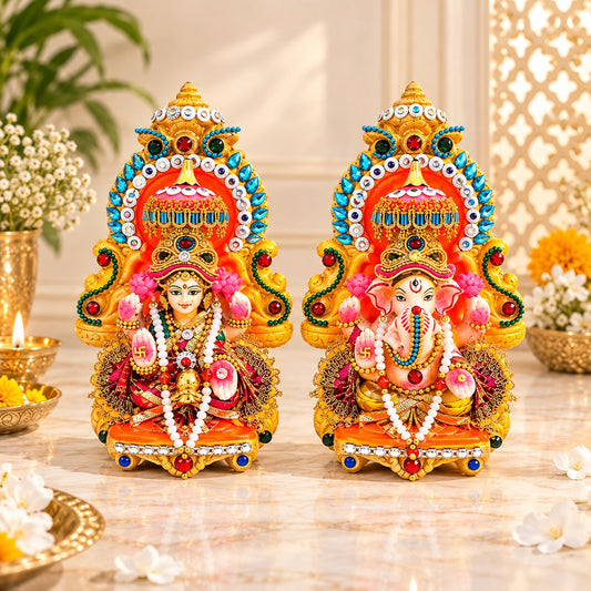 Decorative Terracotta Clay Lakshmi Ganesh Idol Set – 6 Inch Handcrafted Eco-Friendly Diwali Murti for Pooja & Home Decor by Upharkaro