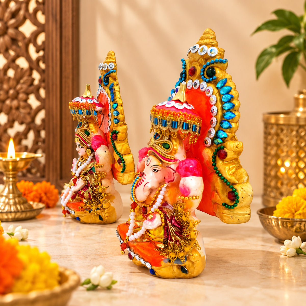 Decorative Terracotta Clay Lakshmi Ganesh Idol Set – 6 Inch Handcrafted Eco-Friendly Diwali Murti for Pooja & Home Decor by Upharkaro