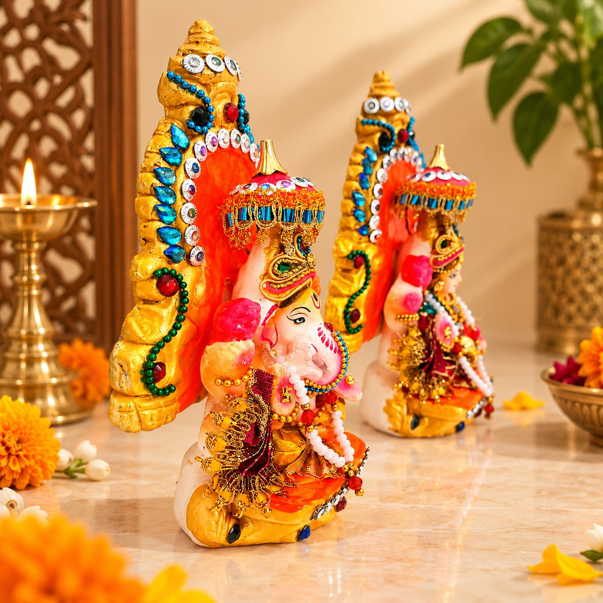 Decorative Terracotta Clay Lakshmi Ganesh Idol Set – 6 Inch Handcrafted Eco-Friendly Diwali Murti for Pooja & Home Decor by Upharkaro
