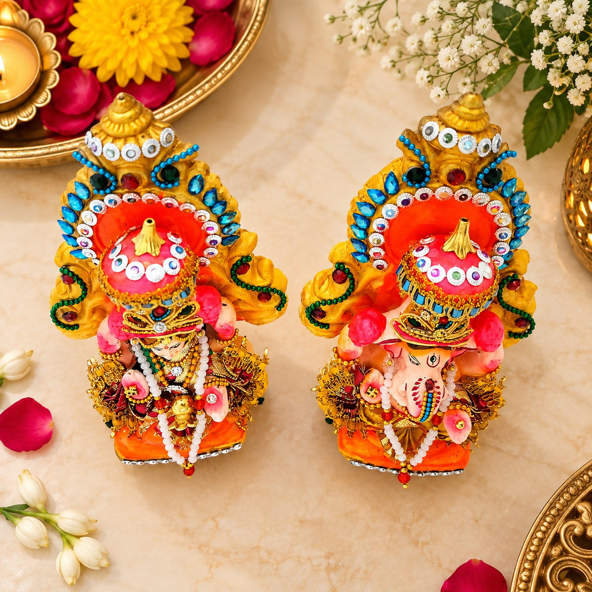Decorative Terracotta Clay Lakshmi Ganesh Idol Set – 6 Inch Handcrafted Eco-Friendly Diwali Murti for Pooja & Home Decor by Upharkaro