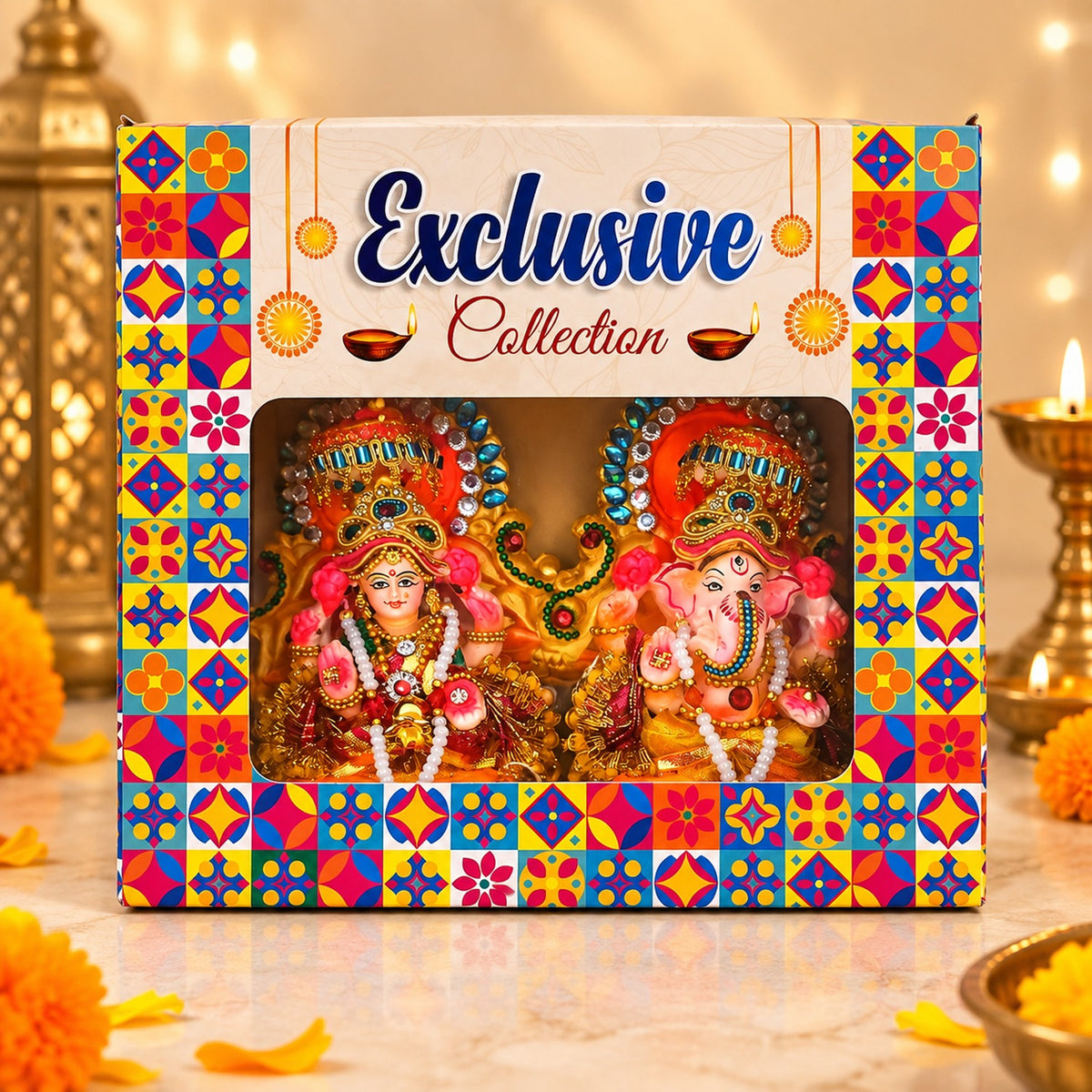 Decorative Terracotta Clay Lakshmi Ganesh Idol Set – 6 Inch Handcrafted Eco-Friendly Diwali Murti for Pooja & Home Decor by Upharkaro