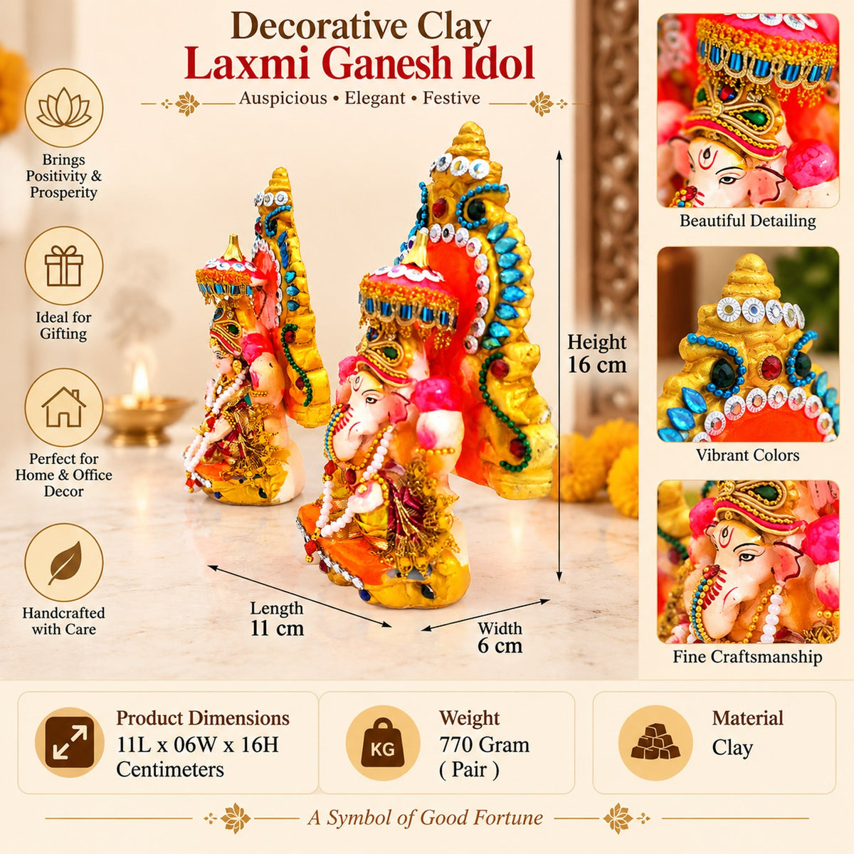 Decorative Terracotta Clay Lakshmi Ganesh Idol Set – 6 Inch Handcrafted Eco-Friendly Diwali Murti for Pooja & Home Decor by Upharkaro