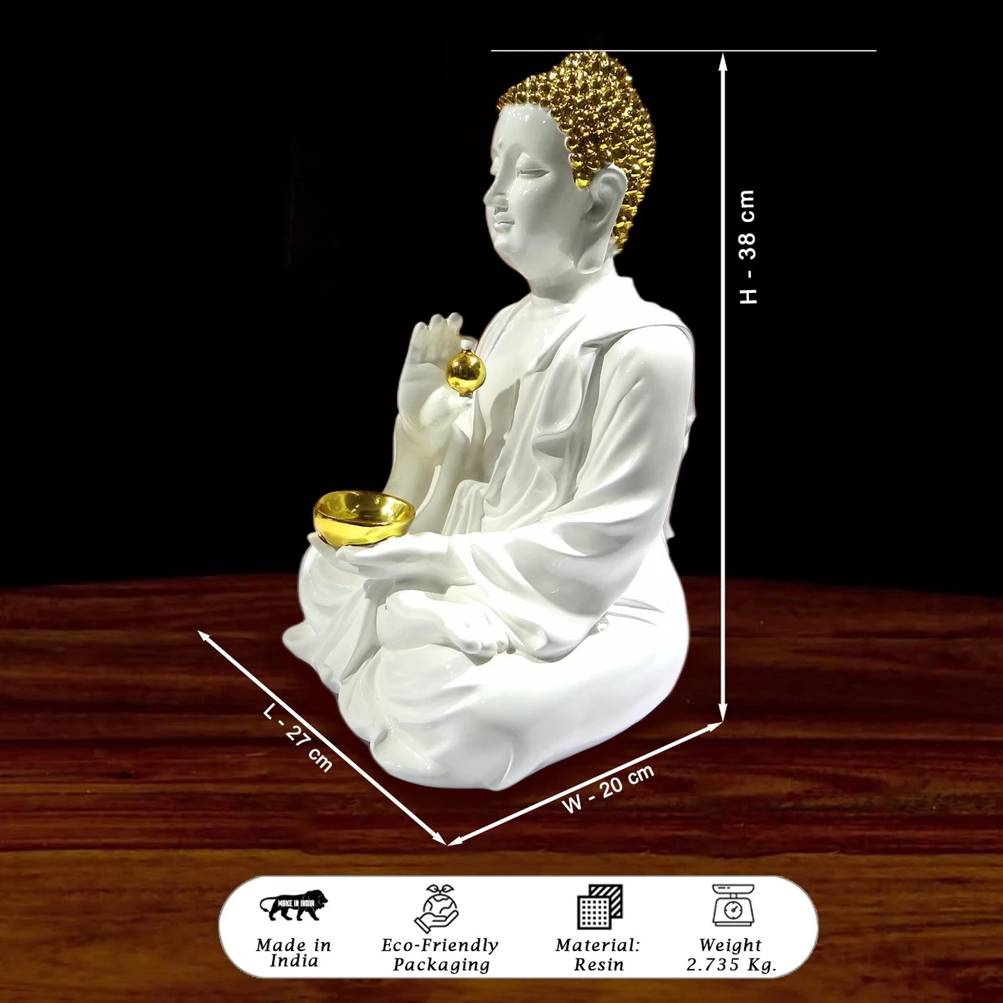 White Buddha statue with gold hair and bowl, dimensions shown, on a wooden surface.