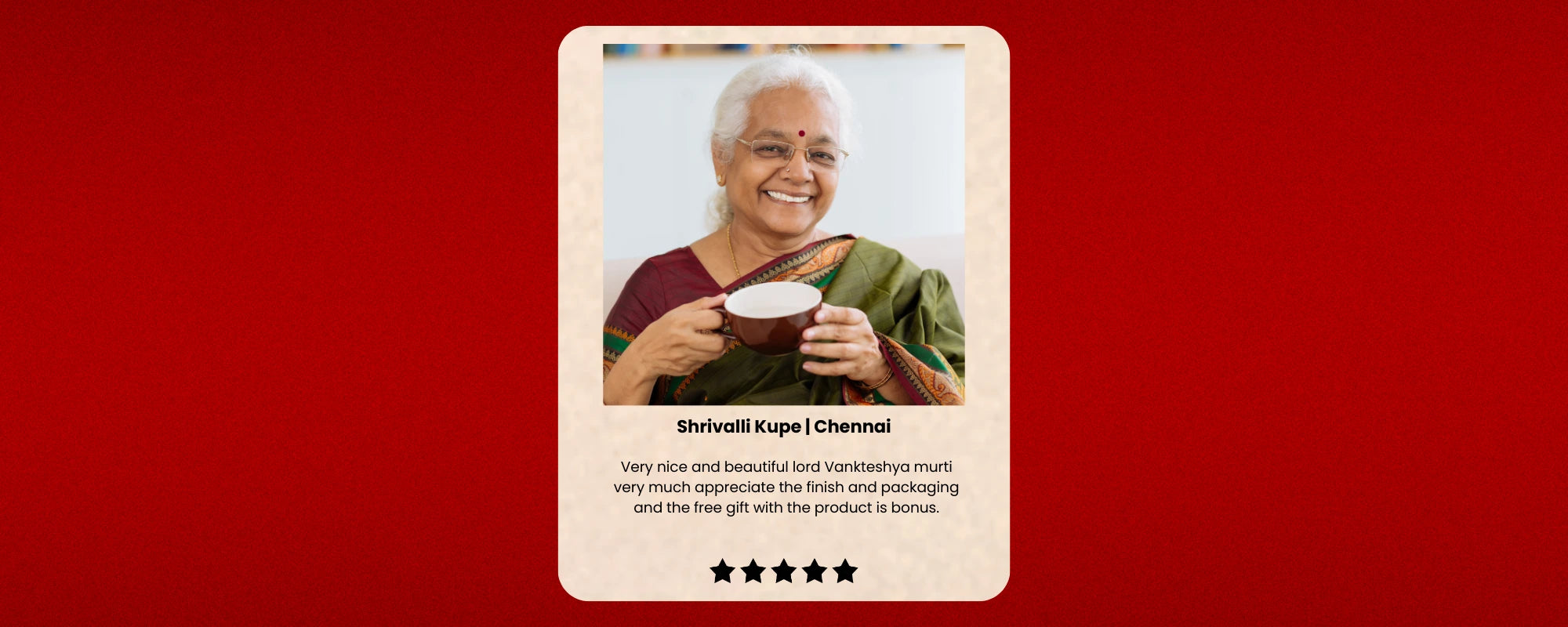 Woman holding a cup with text on a red background