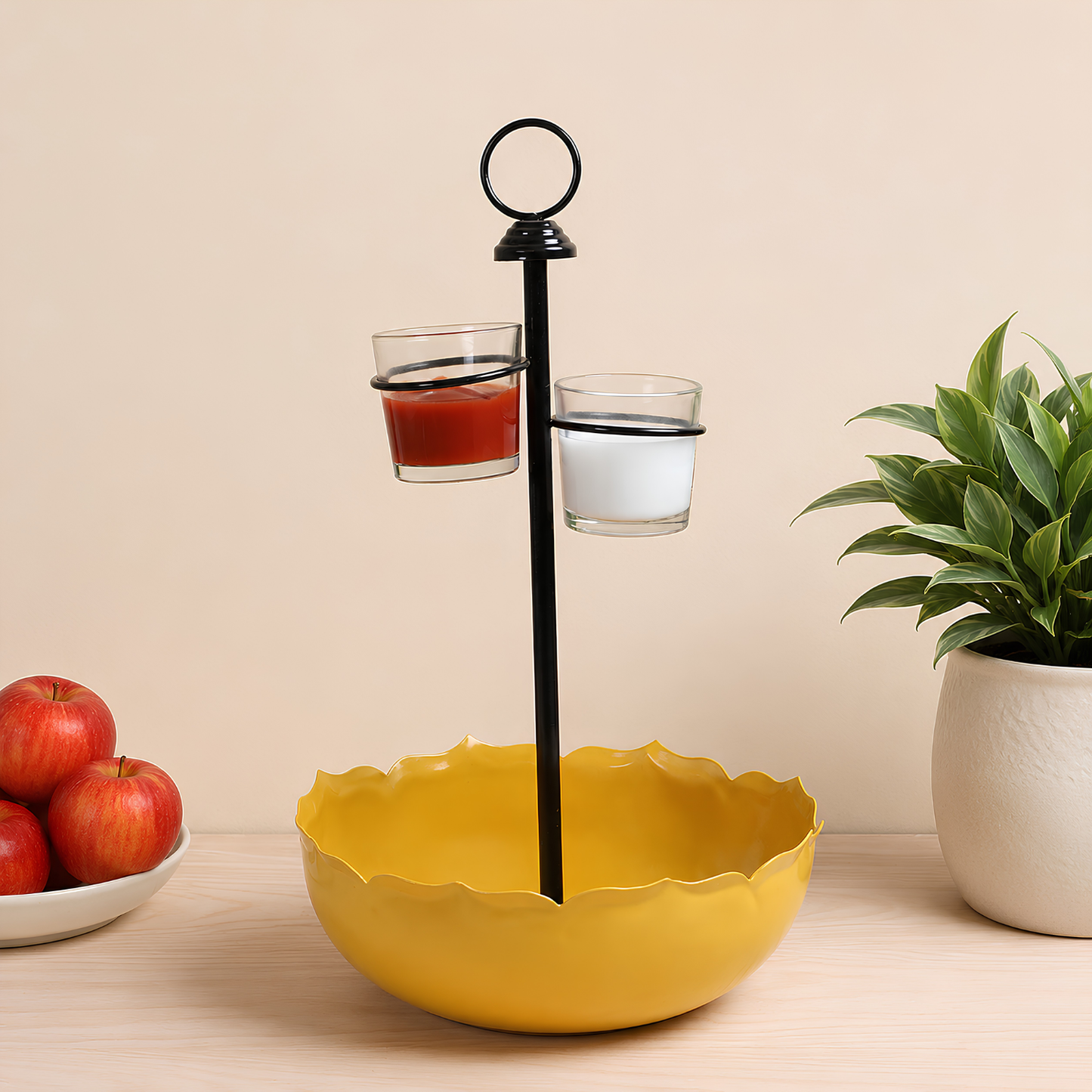 Premium Yellow Multi-Tier Iron Serving Platter Bowl and Glass Set with Central Stand