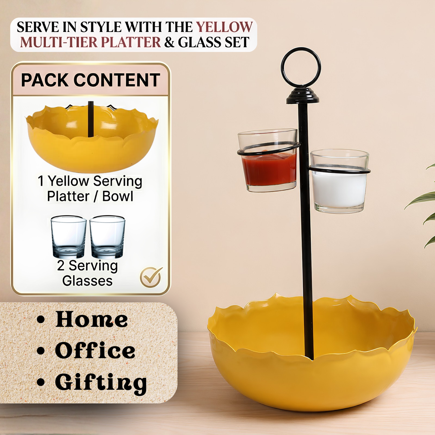 Premium Yellow Multi-Tier Iron Serving Platter Bowl and Glass Set with Central Stand