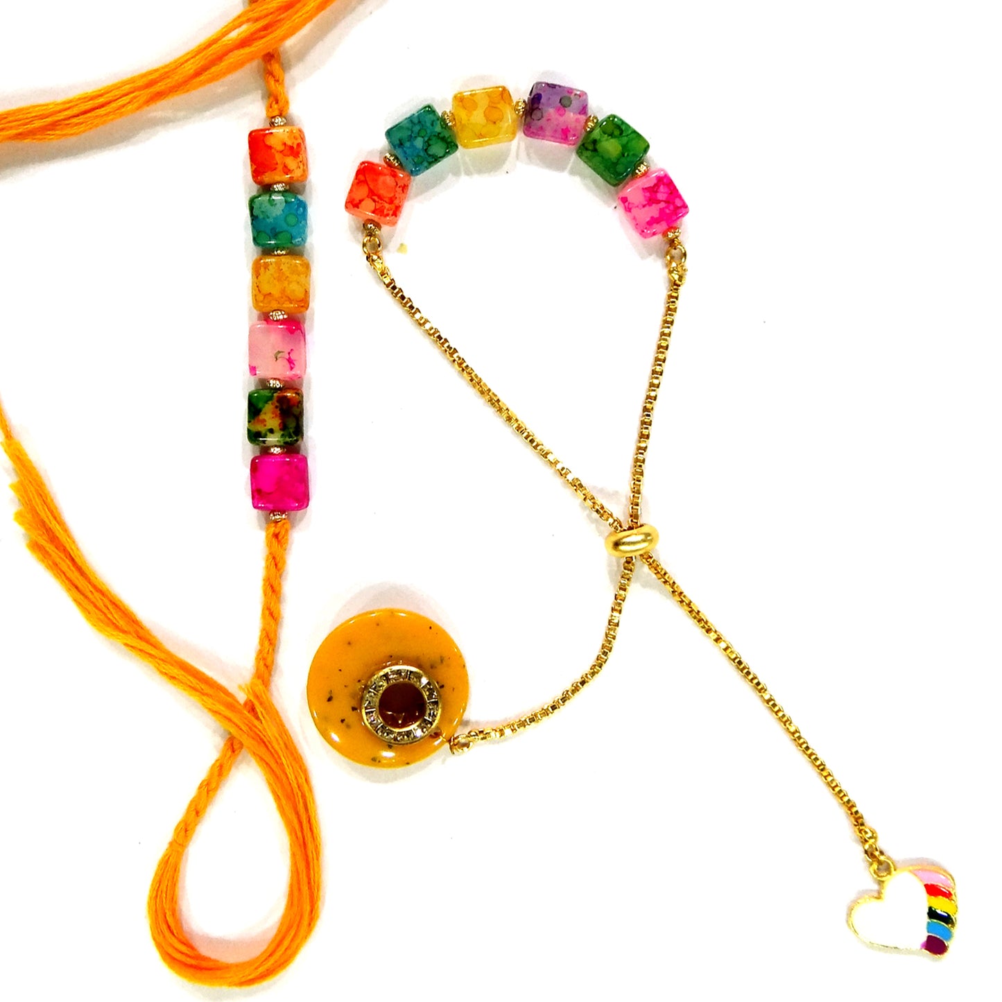 Rainbow Beads Designer Bhaiya-Bhabhi Lumba Rakhi Set with Unicorn Charm & Adjustable Bracelet Style (Yellow) By Upharkaro
