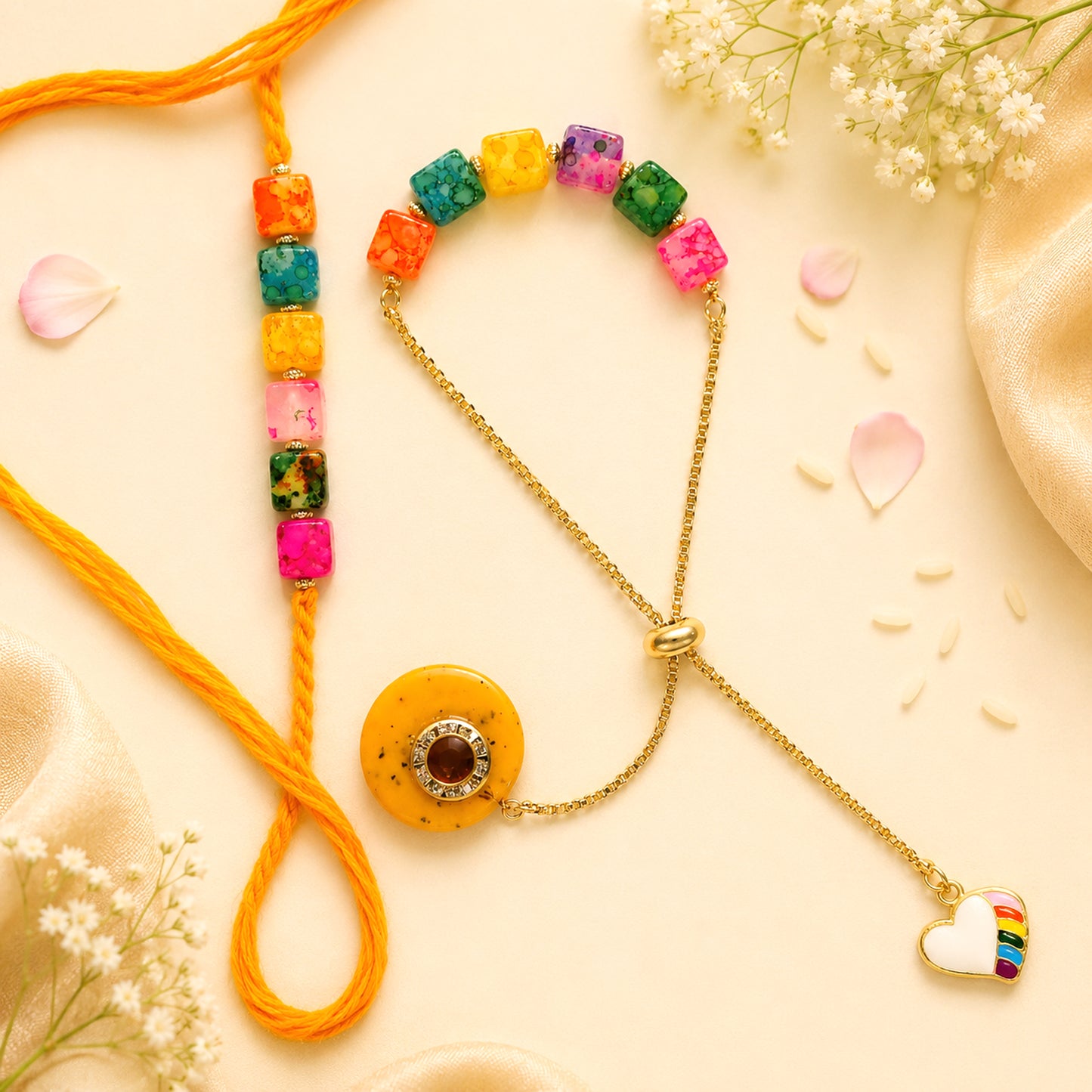 Rainbow Beads Designer Bhaiya-Bhabhi Lumba Rakhi Set with Unicorn Charm & Adjustable Bracelet Style (Yellow) By Upharkaro