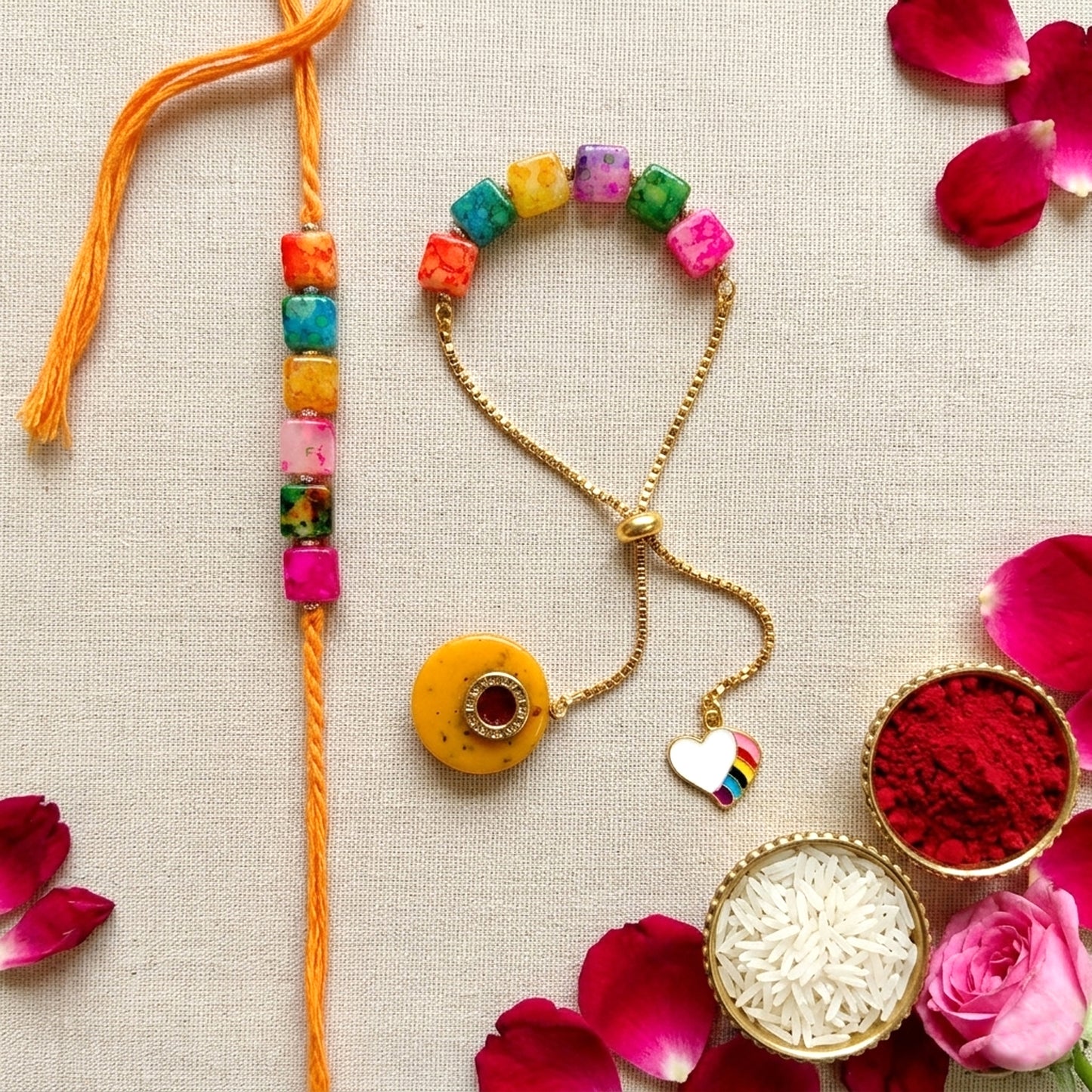 Rainbow Beads Designer Bhaiya-Bhabhi Lumba Rakhi Set with Unicorn Charm & Adjustable Bracelet Style (Yellow) By Upharkaro