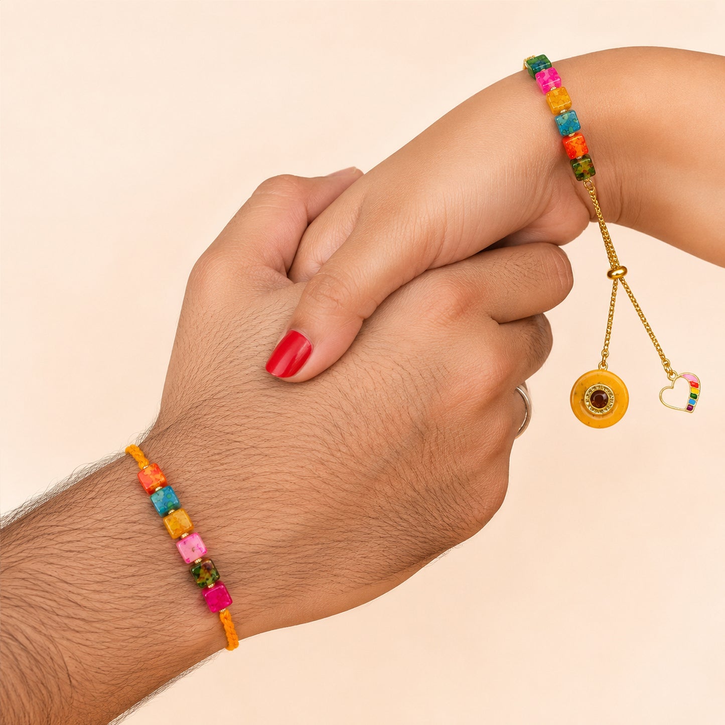 Rainbow Beads Designer Bhaiya-Bhabhi Lumba Rakhi Set with Unicorn Charm & Adjustable Bracelet Style (Yellow) By Upharkaro