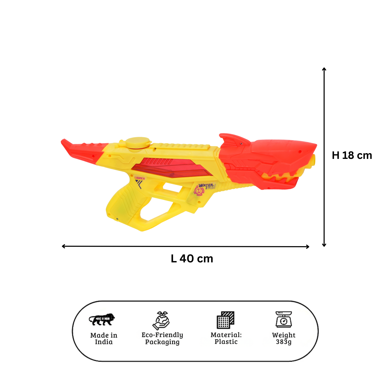 Yellow and red toy gun with dimensions and product details on a white background