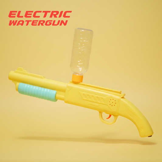 Yellow watergun with a clear bottle on a yellow background, labeled 'Electric Watergun'.