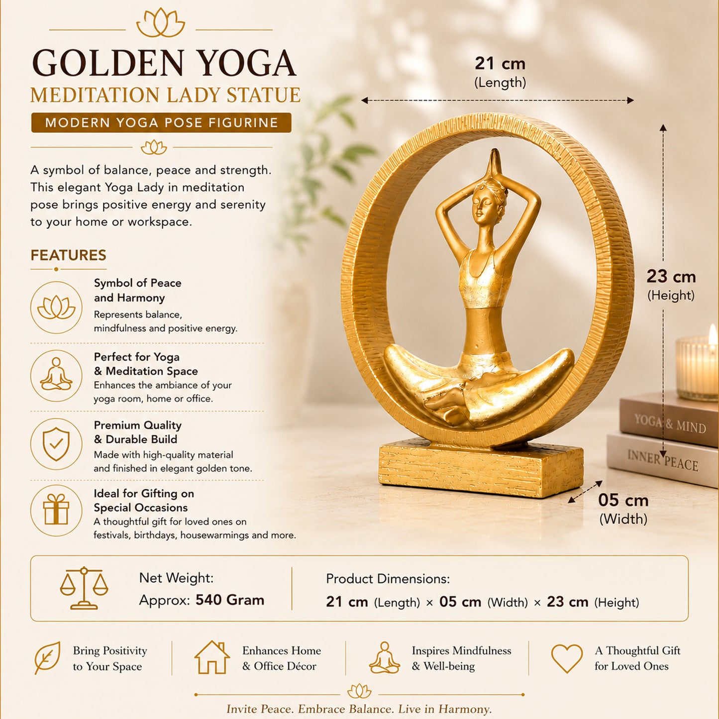 Upharkaro Golden Yoga Meditation Lady Statue Resin Figurine for Home Decor Office Desk Living Room & Meditation Space