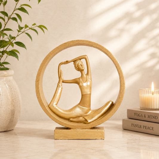 Upharkaro Golden Yoga Stretch Pose Lady Statue with Circular Frame Resin Showpiece for Home Decor Living Room Office & Yoga Studio