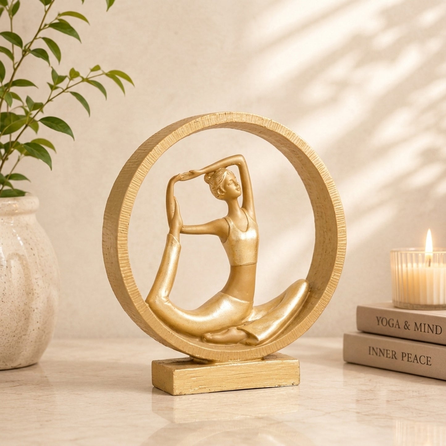 Upharkaro Golden Yoga Stretch Pose Lady Statue with Circular Frame Resin Showpiece for Home Decor Living Room Office & Yoga Studio