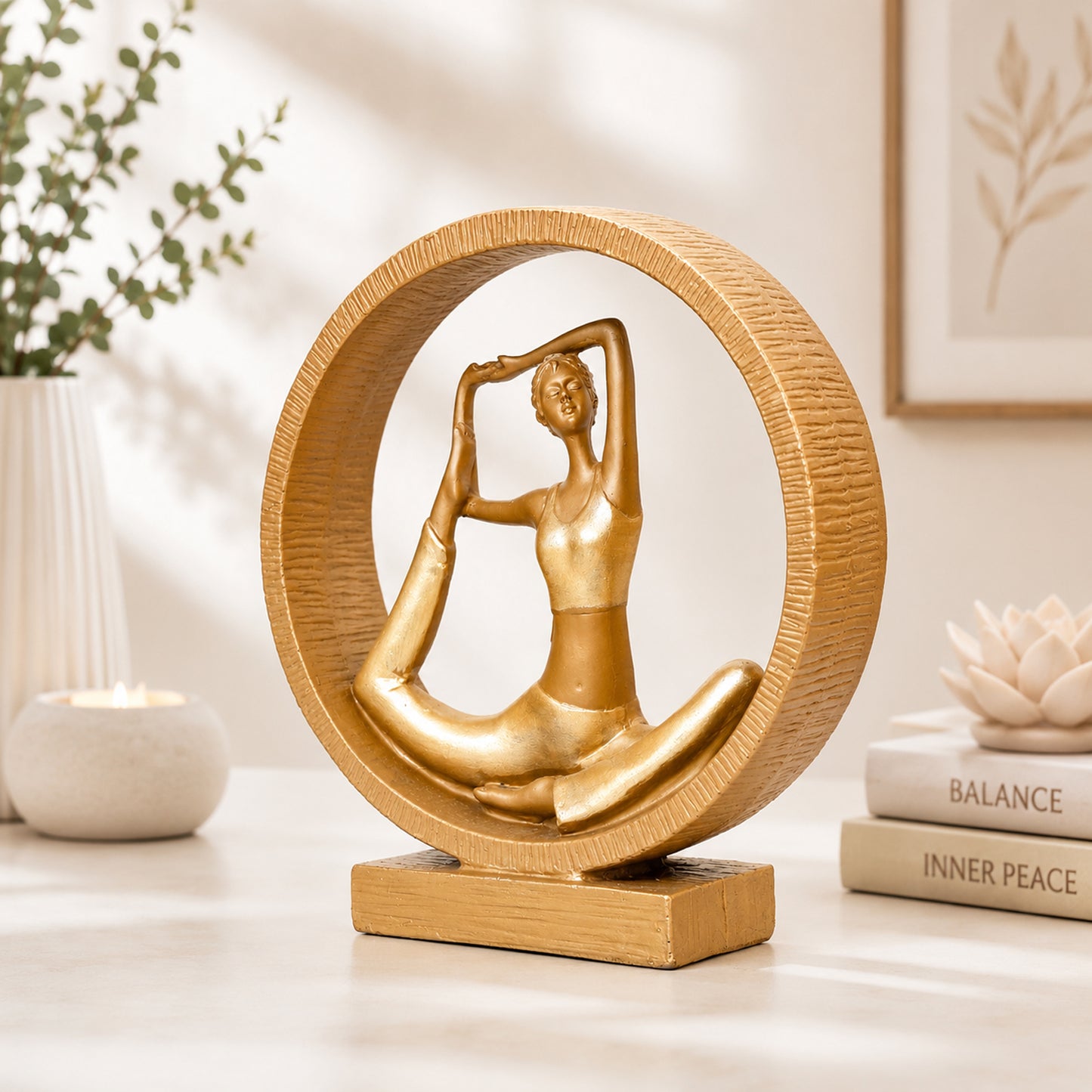 Upharkaro Golden Yoga Stretch Pose Lady Statue with Circular Frame Resin Showpiece for Home Decor Living Room Office & Yoga Studio