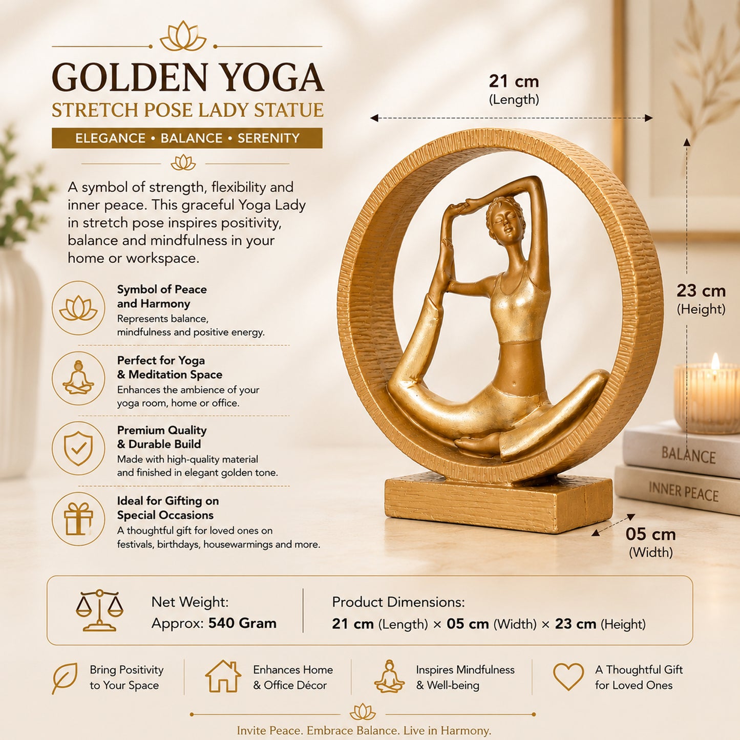Upharkaro Golden Yoga Stretch Pose Lady Statue with Circular Frame Resin Showpiece for Home Decor Living Room Office & Yoga Studio