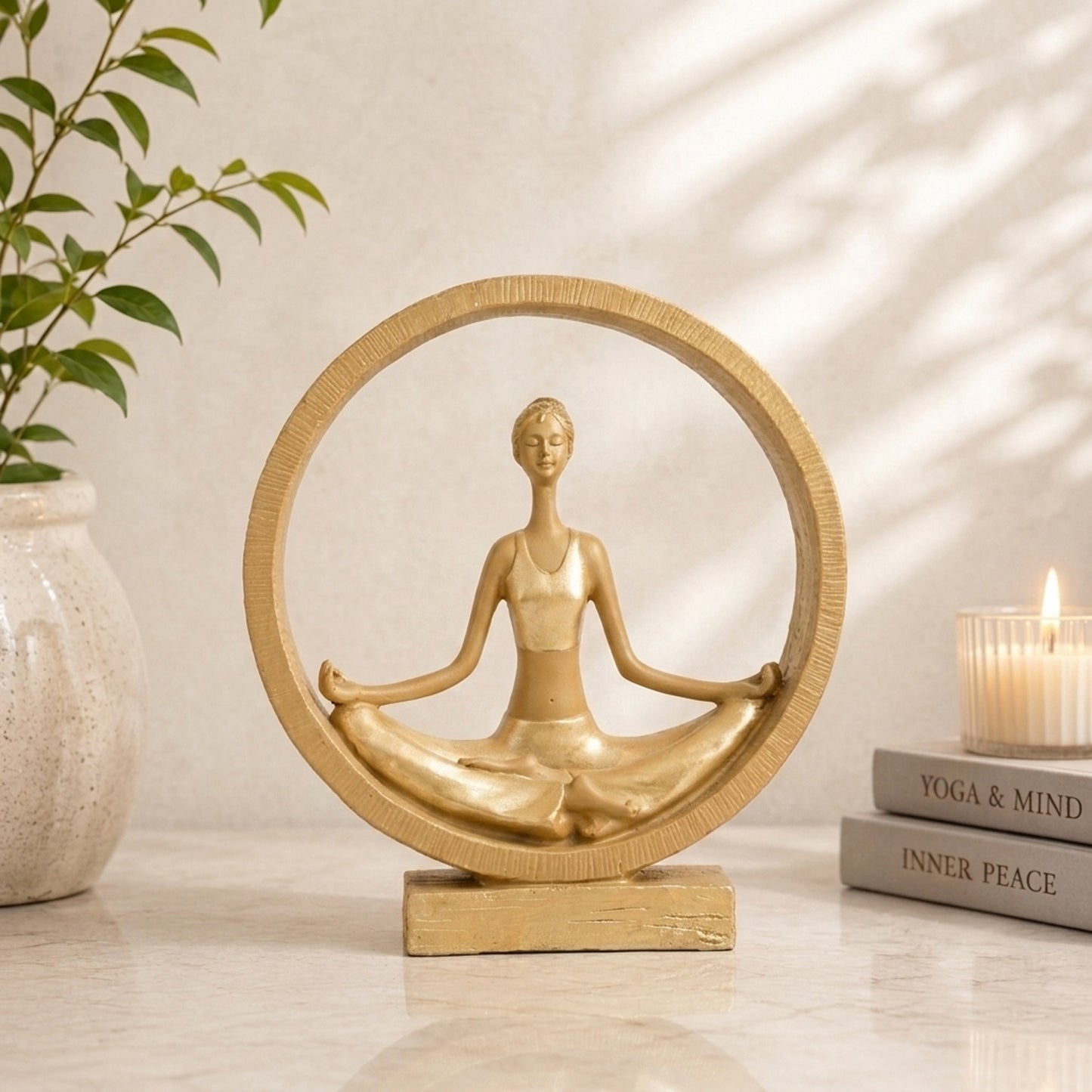 Upharkaro Golden Lotus Meditation Yoga Lady Statue with Circular Frame Resin Zen Decor Showpiece for Home Office Living Room & Meditation Corner